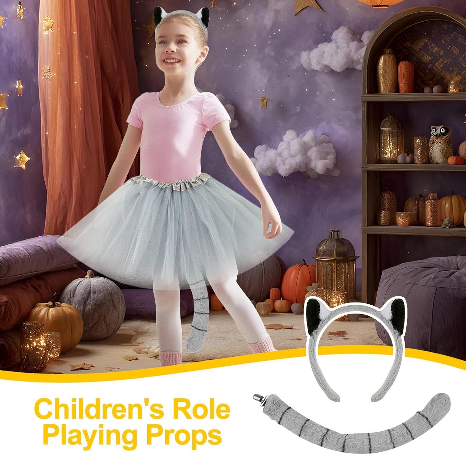 Animal Ears Headband – Plush Fabric Size | Lemur Ear Tail Costume Set Dress Up Accessory Stage Performance Cosplay Outfit |