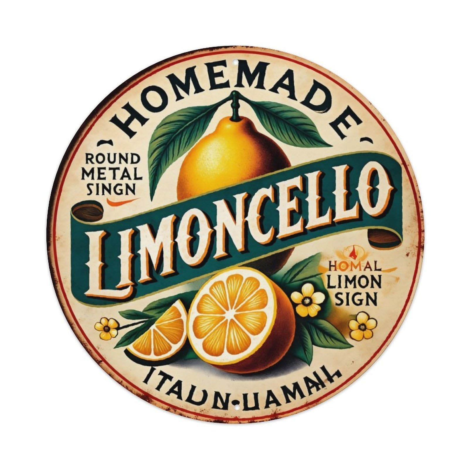 Homemade Limoncello Italian Vintage Round Metal Vintage Aluminium Metal Sign, Retro Wall Decor for Home, Bar, Garage & Farmhouse 20x20cm