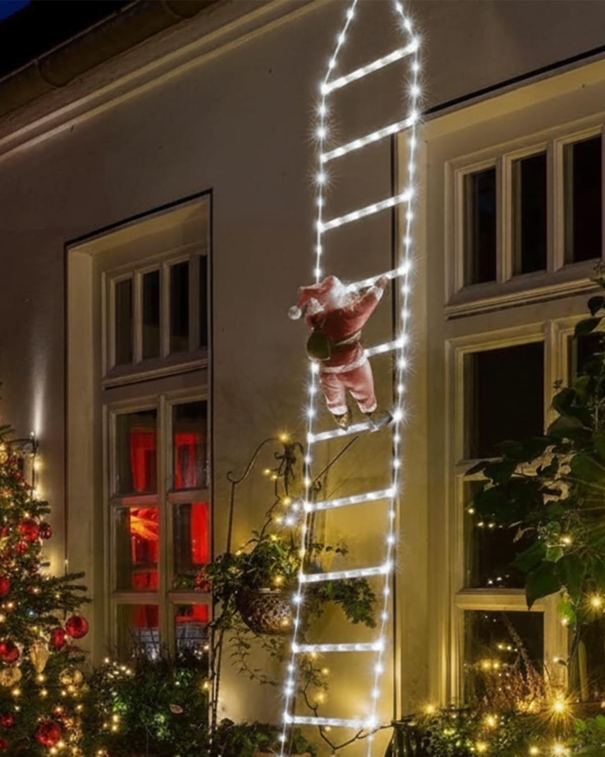 EcoNour Christmas Ladder Lights with Santa Claus - 200 LED Lights, 8 Light Modes, Timer Memory Function, Mains Powered, Indoor Outdoor Garden Tree Christmas Decorations (Cool White)