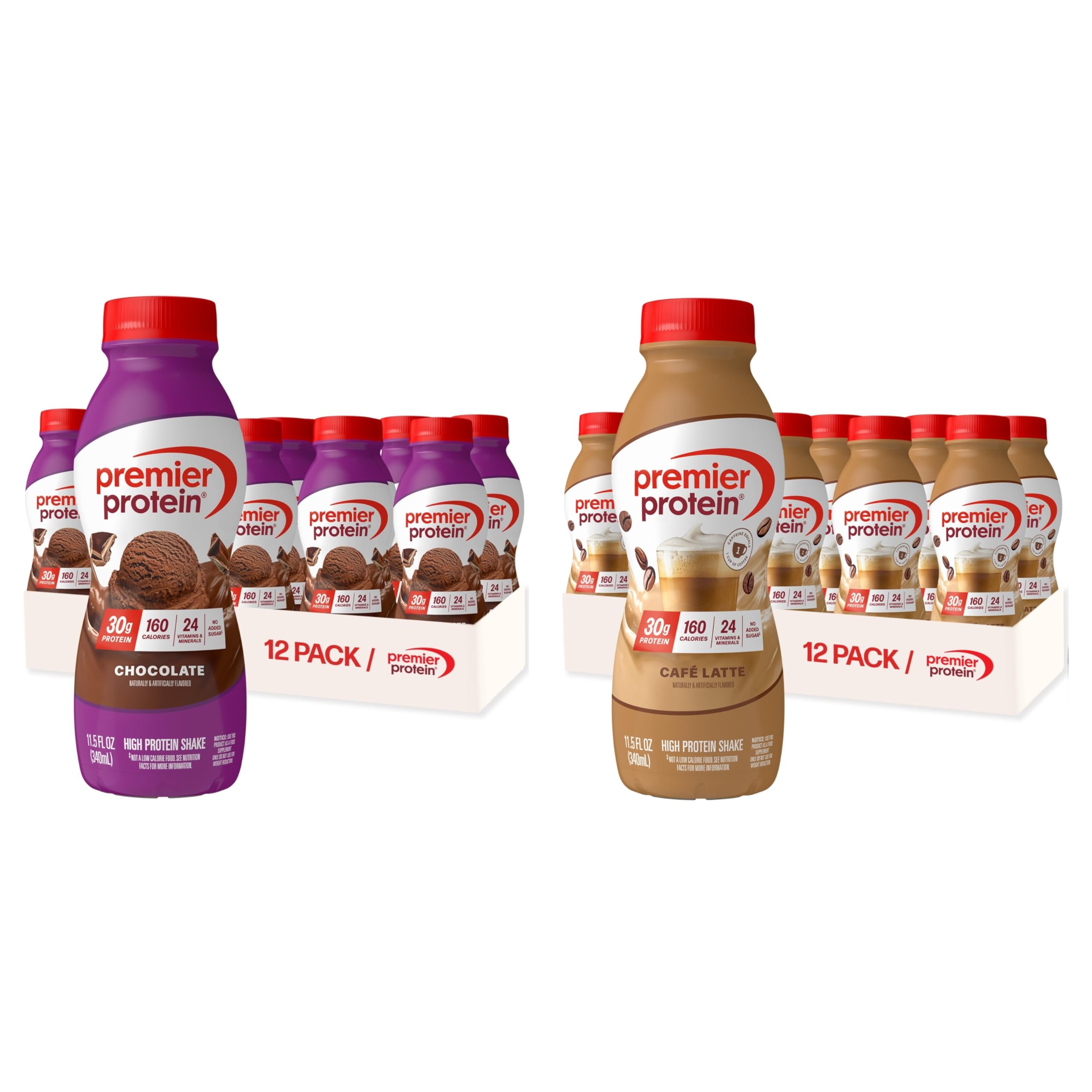 BUNDLE: Premier Protein Shake, Chocolate, 30g Protein 1g Sugar,11.5 fl oz (Pack of 12) + Premier Protein Shake, Café Latte, 30g Protein, 1g Sugar, 11.5 fl oz(Pack of 12)