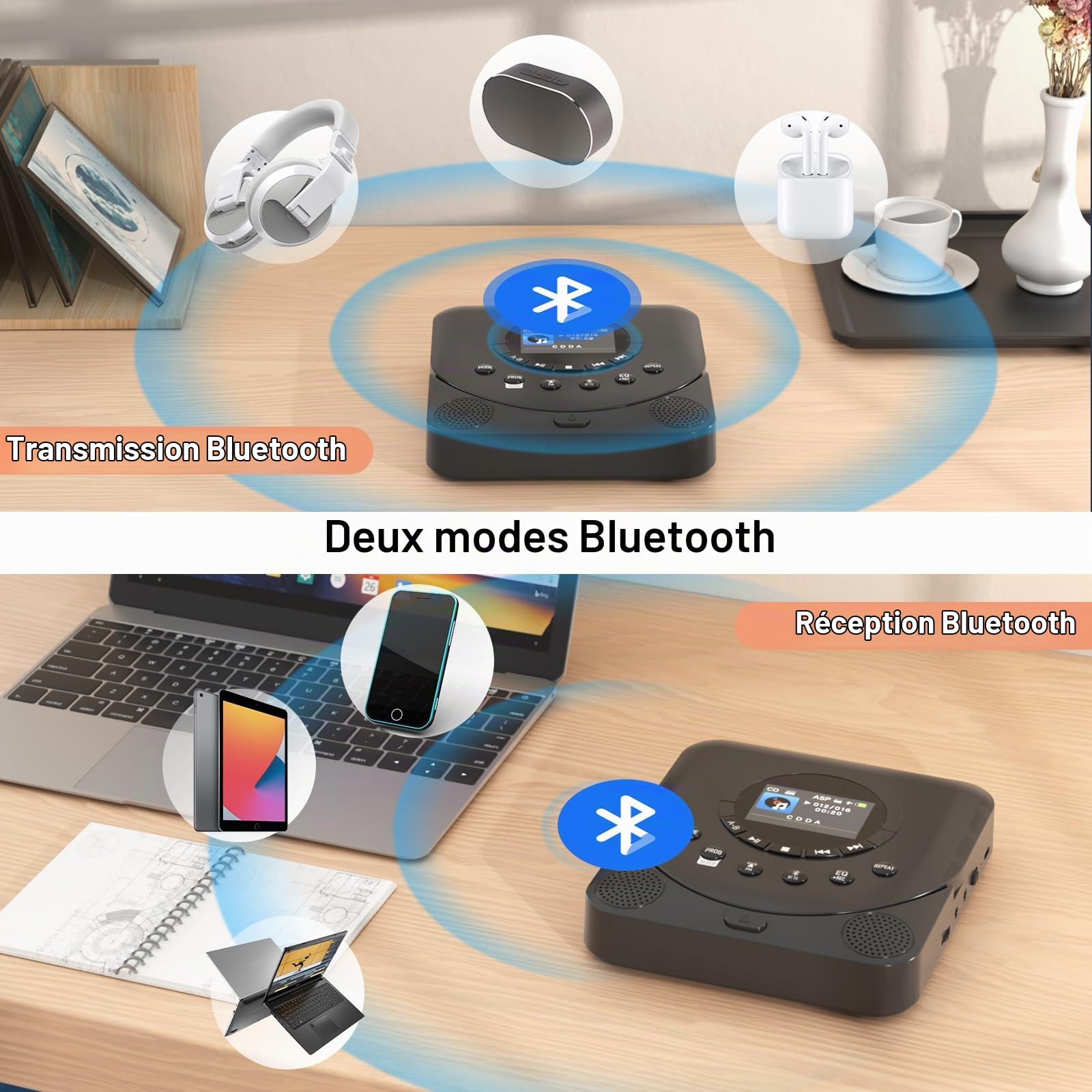 Lecteur CD Portable avec Affichage TFT, Bluetooth, Timer de Sommeil, Radio