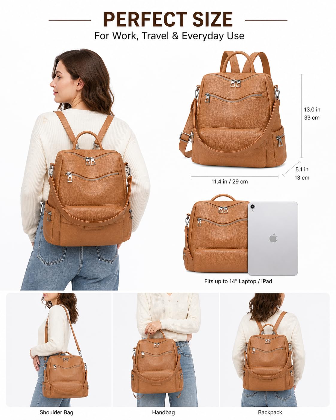 Craftwood Leather Backpack for Women | Large Capacity | College and Office use | PU Leather | shoulder bag for Ladies, (Camle) 4