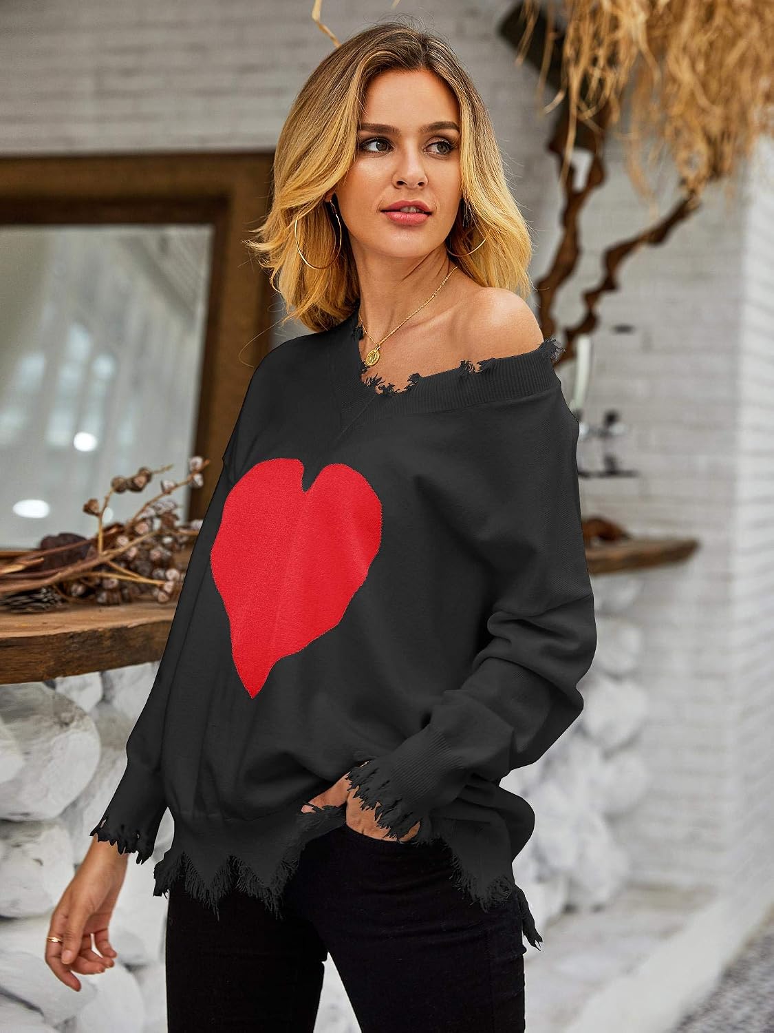 Women's Heart Pattern Ripped Sweater V Neck Distressed Knit Pullover Jumper Top