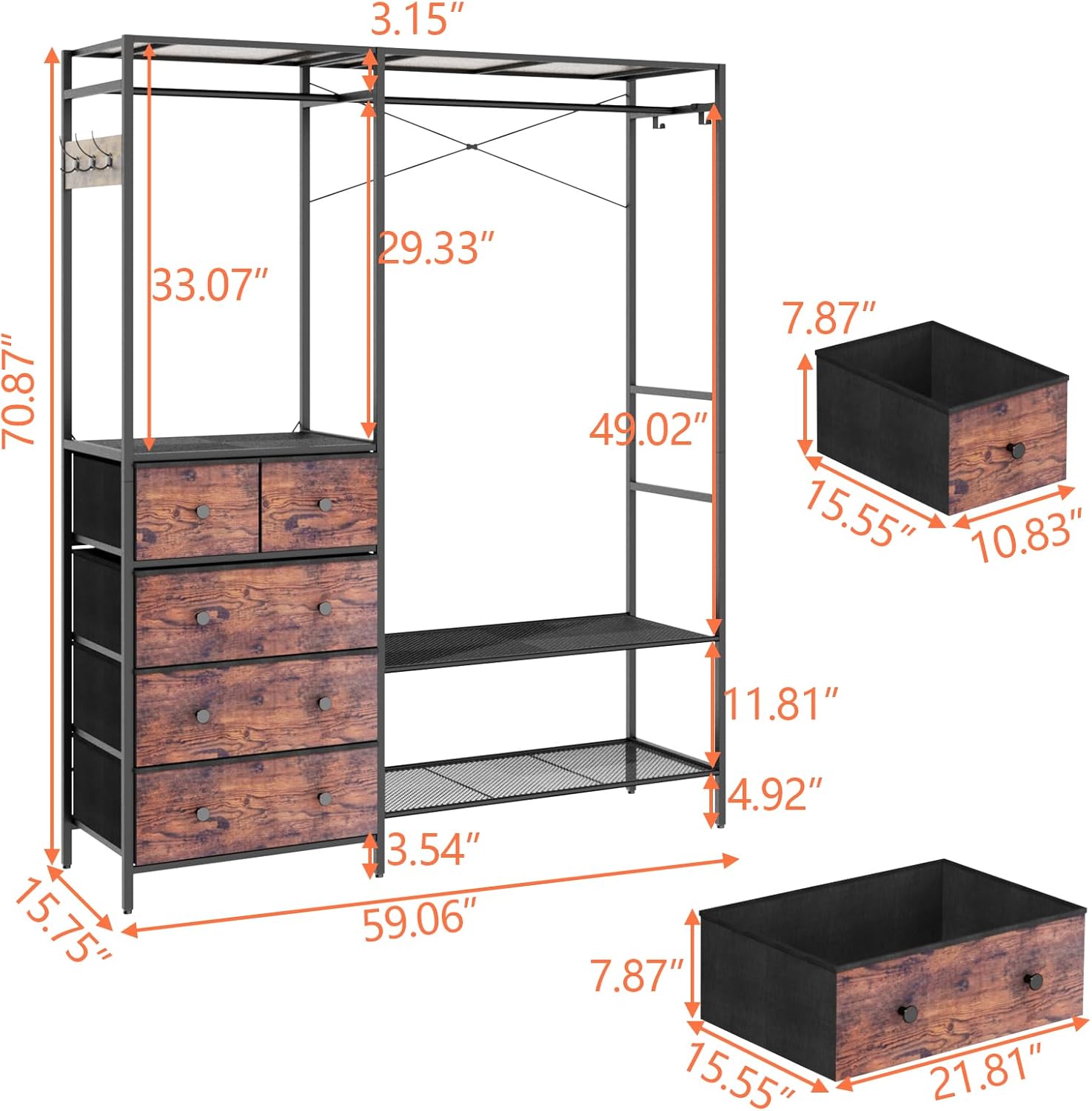 Auromie Heavy Duty Clothes Rack with 5 Drawers & 4 Storage Shelves, 70.9Hx59.1W Clothing Rack with 2 Hanging Rods, Wardrobe Closet Racks with 5 Hooks, Freestanding Garment Racks (Rustic Brown)