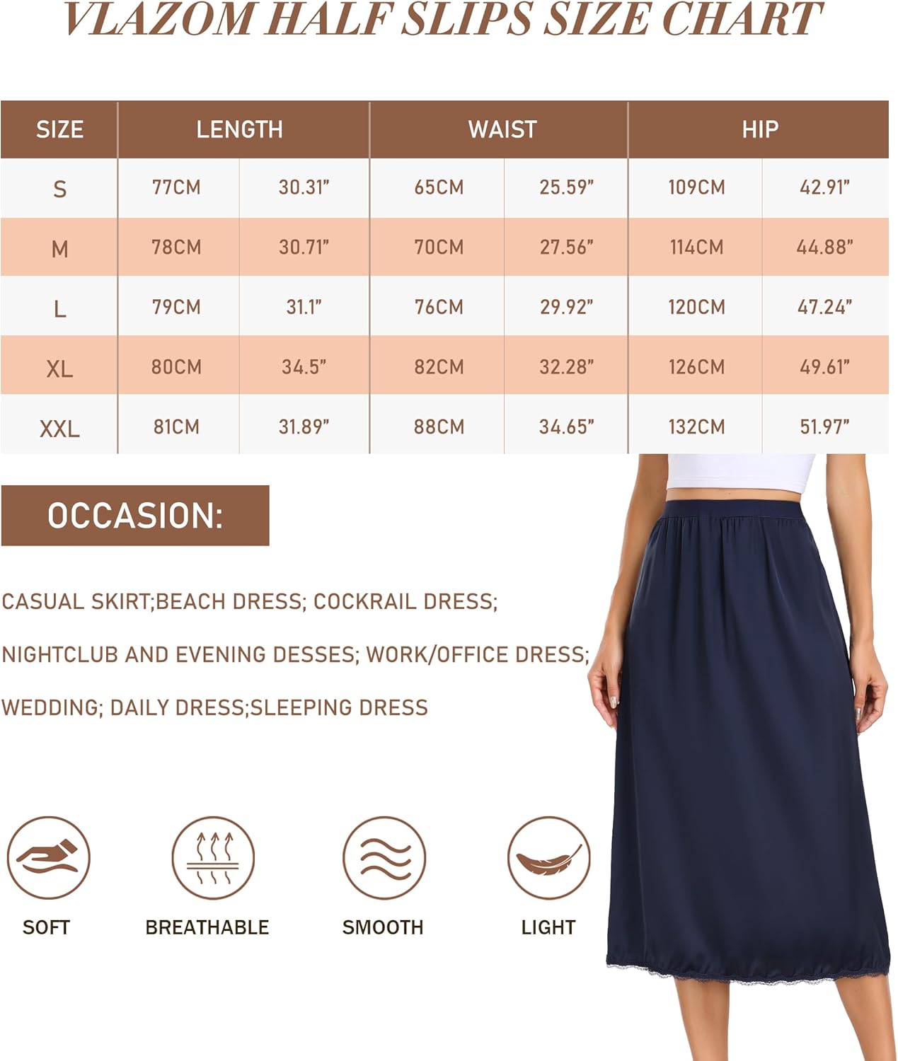 Vlazom Women's Satin Half Slips Lace Long Underskirt Soft Waist Slips for Under Dresses Long Skirt Petticoat Size UK 6-24 - Image 6
