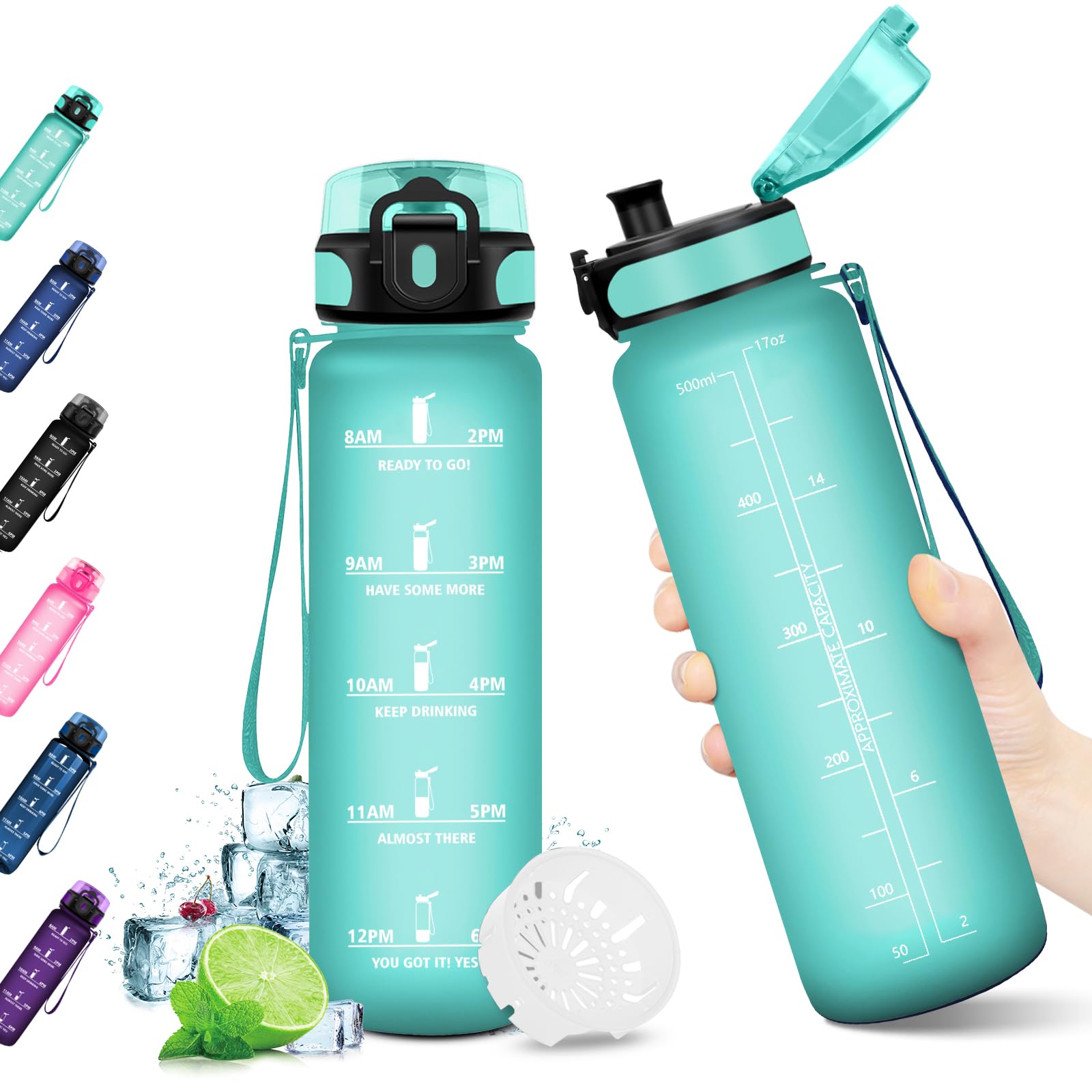 KollyKolla Kids Water Bottle, 500ml, Motivational Time Marker, Leak-Free, BPA Free, Filter, Sports, Outdoor, Daily Use