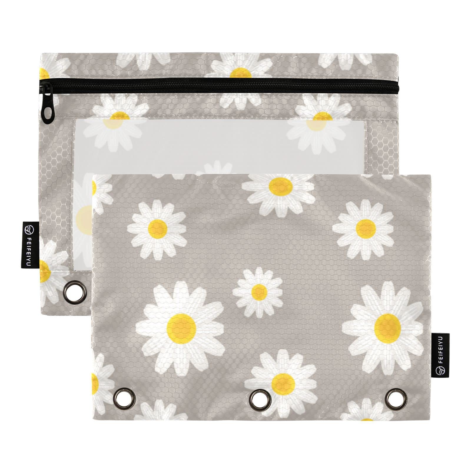 Estuche transparente para lápices de 3 anillos, estuche transparente con cierre de margaritas y flores, carpeta de 3 agujeros, paquete de 2 bolsas para lápices