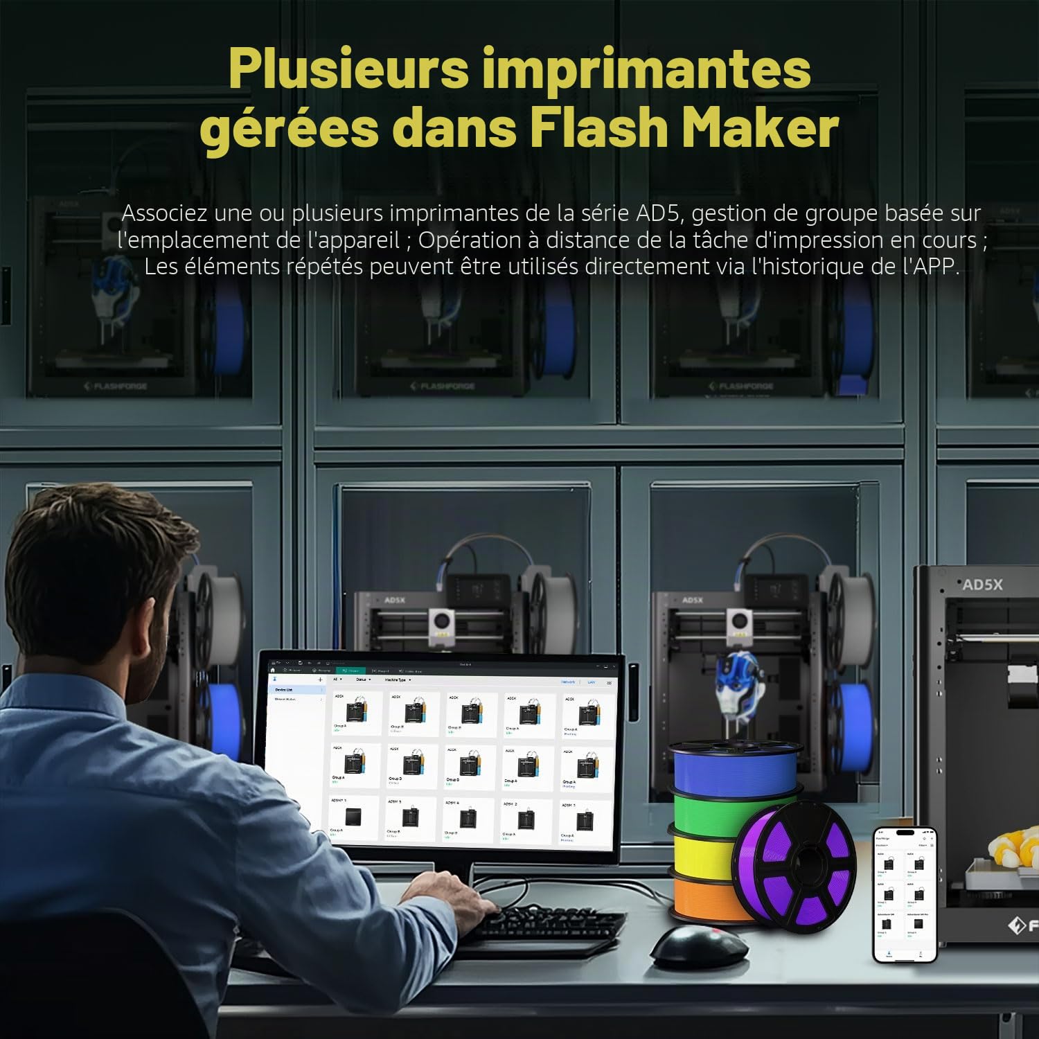 FLASHFORGE AD5X Imprimante 3D multi-matériaux, multicolore, vitesse 600 mm/s, impression en 1 clic, créations IFS, calibrage automatique, sauvegarde filaments