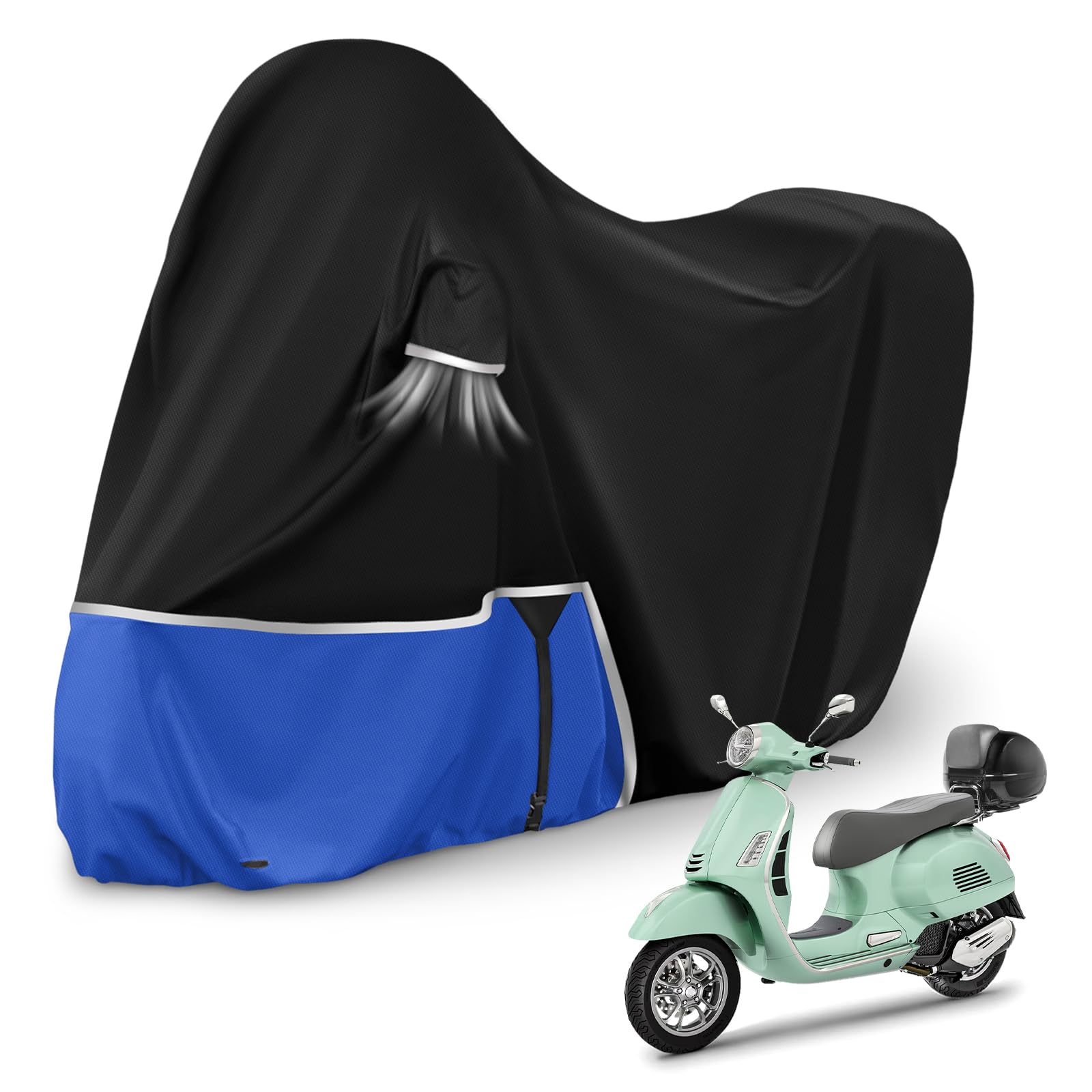 Telo Copri da Esterno per Piaggio Vespa GTV GTS GT60/125/200/250/300 (con bagagliaio), Telo Copertura Coprimoto Copri Moto Vespa 125 420D Tessuto Oxford Impermeabile Resistente All'inverno, Nero e blu