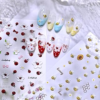 2Pcs Insect Flower Nail Art Stickers 5D Embossed Bee Ladybug Nails Decals Spring Summer Flowers Bows Bees Ladybug Nail Designs Nail Art Cute Floral bow Nail Supplies for Women DIY Manicure Decorations