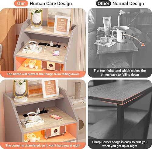 Miniatura 6 de Cyclysio Mesita de noche con estación de carga y luz LED, mesita de noche de 30 pulgadas de alto con deflector superior, mesa de noche de espacio de