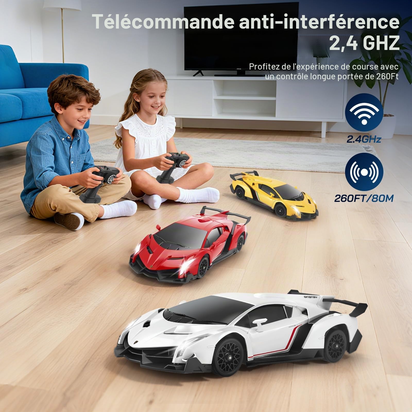 Voiture Télécommandée Drift, 2.4 GHz 1:18 Lamborghini RC Drift Car avec LED, 35 KM/H 4WD Voiture Télécommandée Tout Terrain pour Garcons et Filles 5 6 7 8 9 10 Ans (Blanche)
