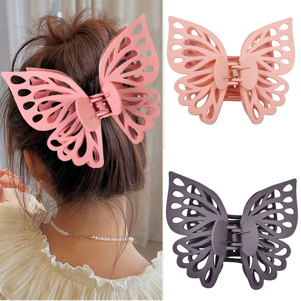 DIUEWOW Butterfly Thick Hair Clip, Hollow Matte Butterfly Hairpins Clips, Large Strong Hold Non-Slip Cute Hair Jaw Clips for Women - 2 Pack (Purple, Pink)