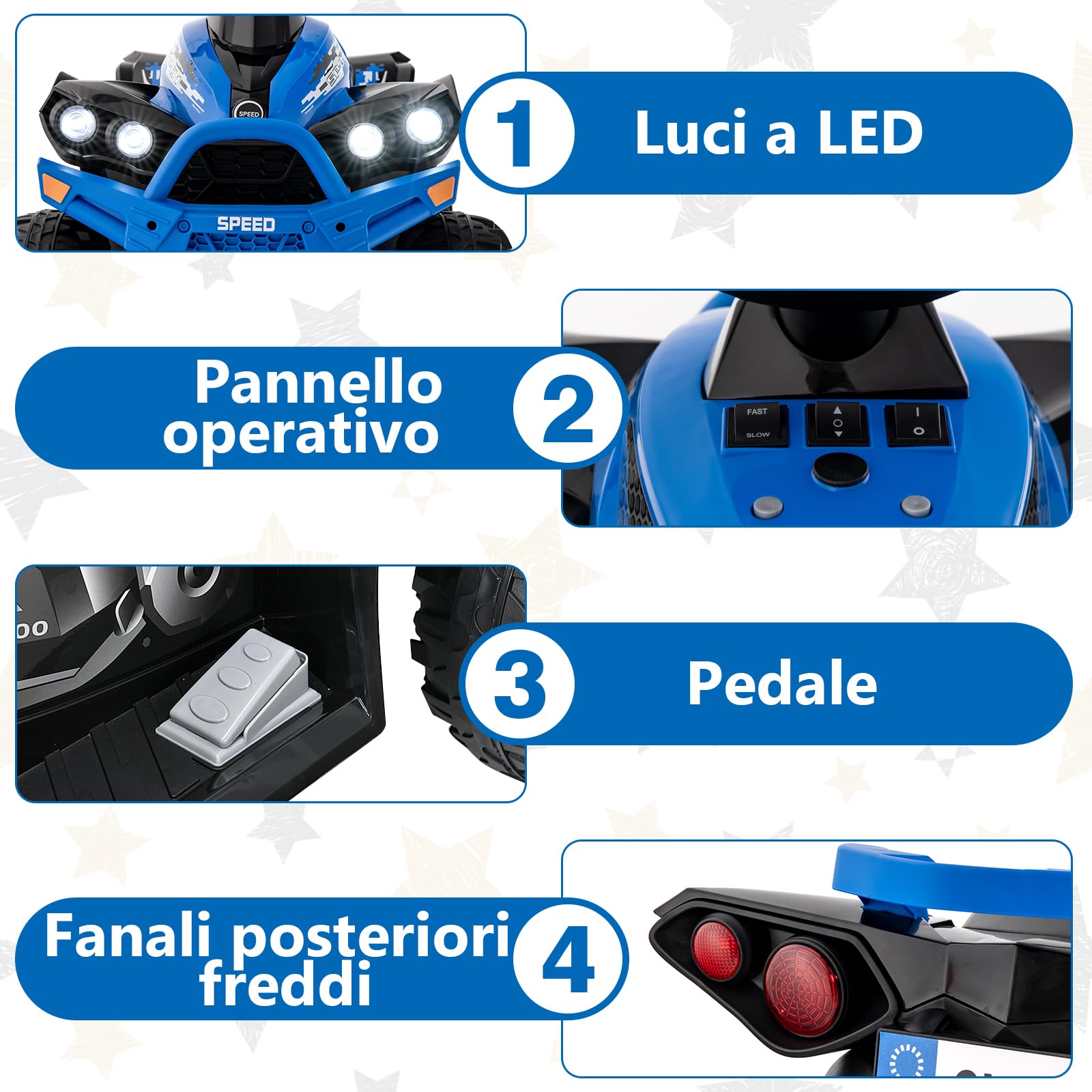 RELAX4LIFE Quad Elettrico per Bambini 3-8 Anni con Velocità Regolabile, Auto a Batteria Multifunzione 12V con Anteriore e Posteriore, Luci a LED, Musica, Pedale, Clacson, Carica 35KG (BLU)