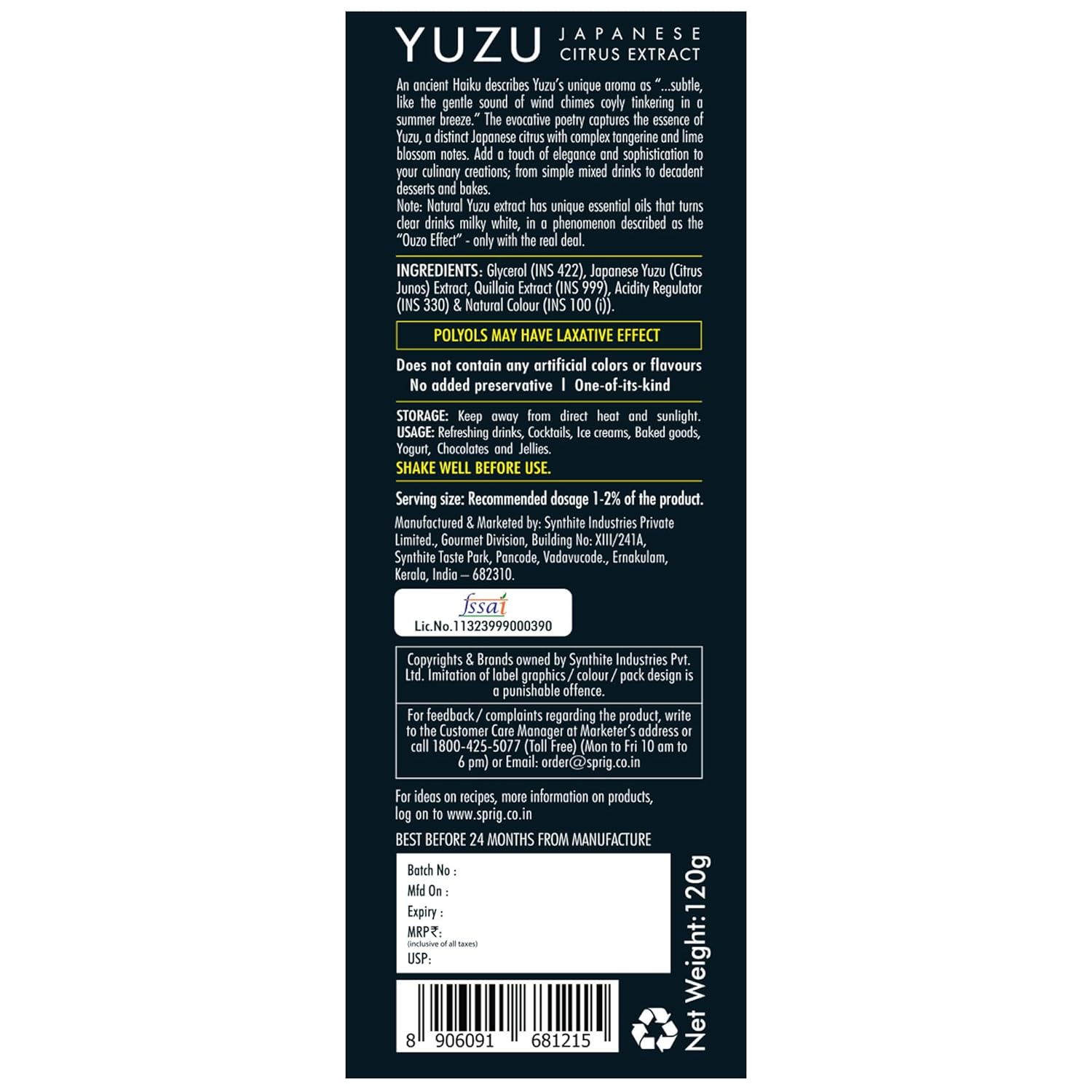 Pure, All Natural, Real, Gourmet Yuzu extract by Sprig, 4 ounces - Culinary Yuzu Extract for Cooking, Baking and Mixed Drinks