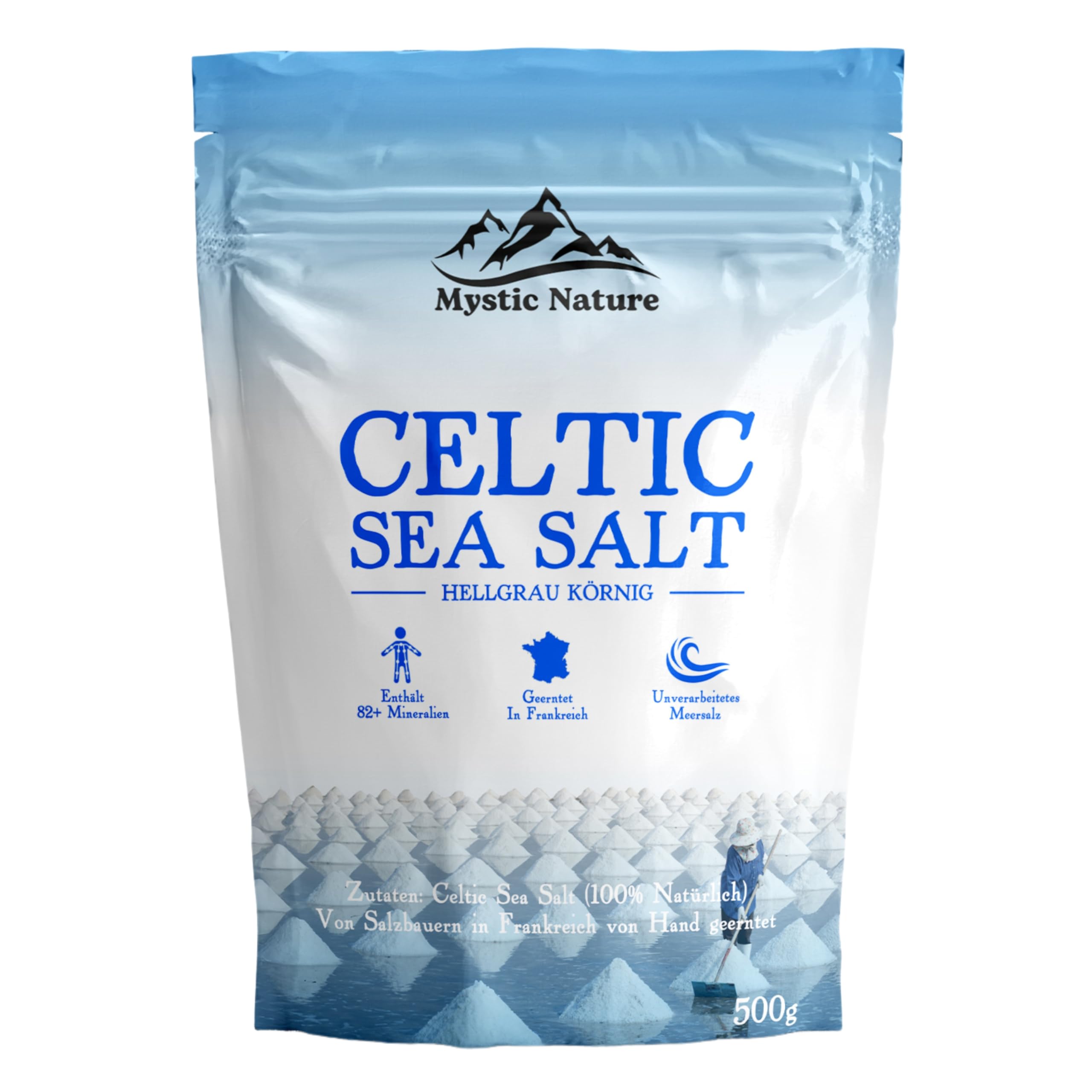 Mystic Nature Keltisches Meersalz - 500g | 100% natürlich, unraffiniert, mineralstoffreich | Keltische Salzkristalle aus Frankreich | Reich an Magnesium, Kalzium, Eisen und Kalium