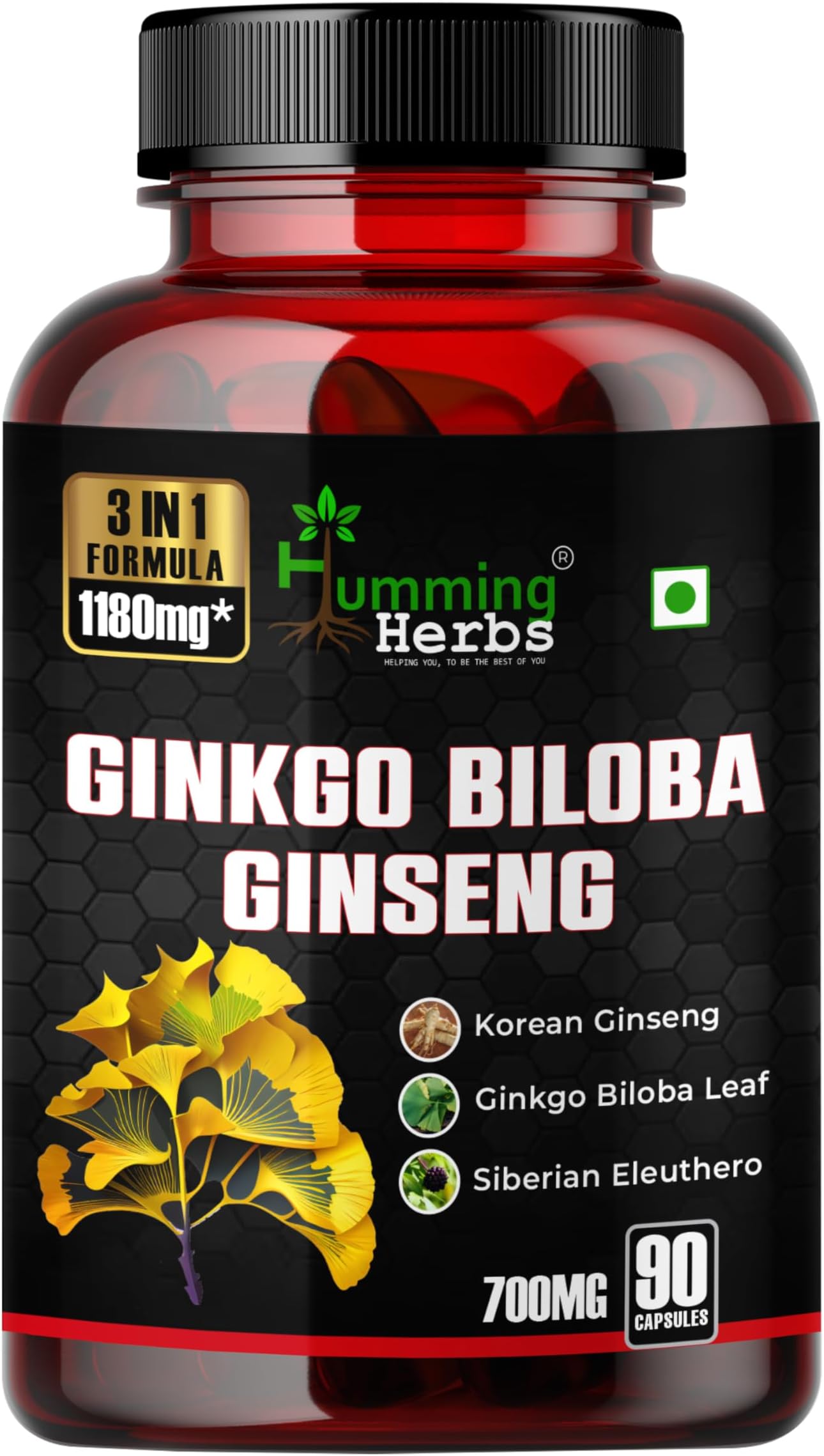 Humming Herbs Ginkgo Biloba Ginseng 3-in-1 — Ginkgo Biloba Leaf Extract (24% Flavone Glycosides), Korean Ginseng (10% Ginsenosides), Siberian Eleuthero — 90 Veg Capsules