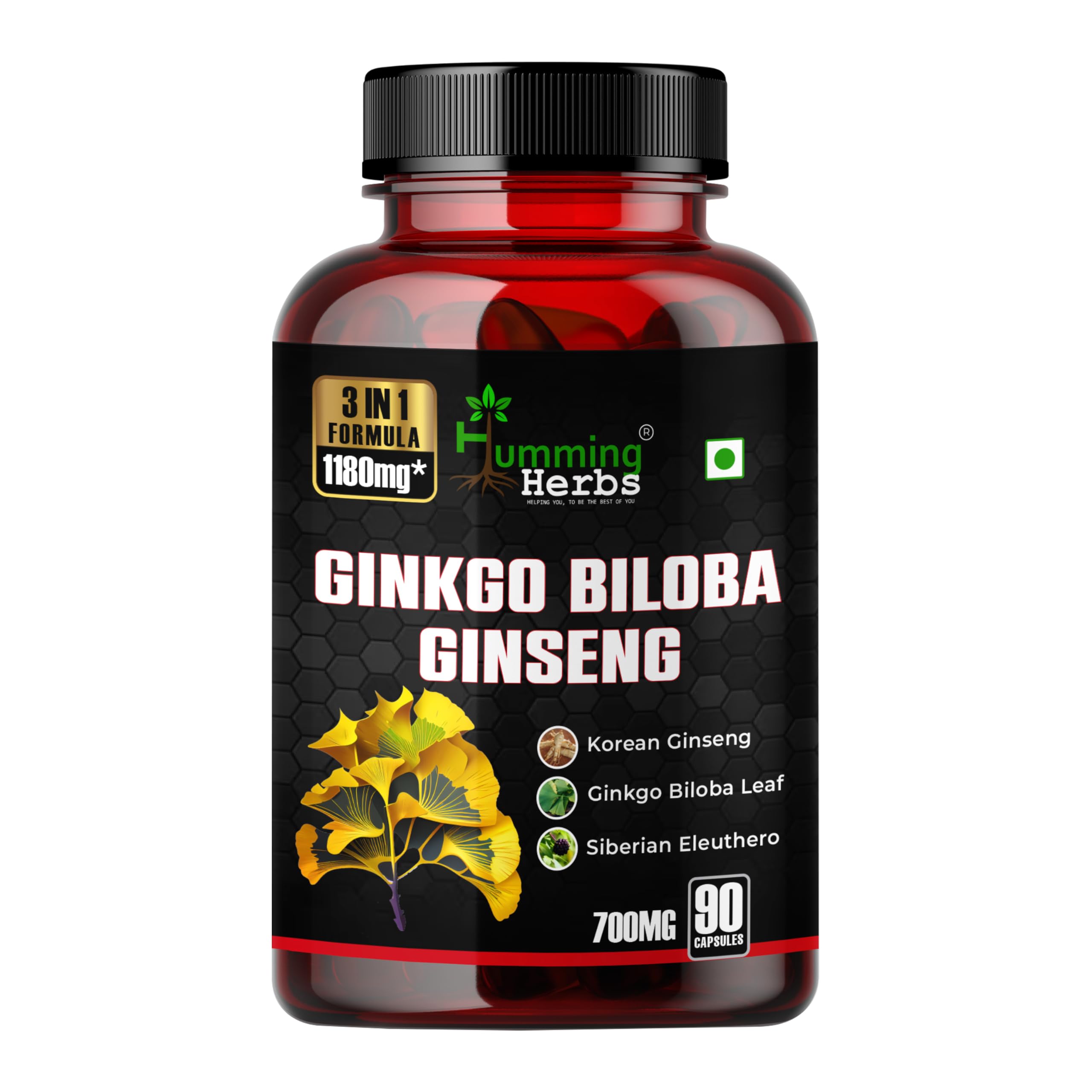 Humming Herbs Ginkgo Biloba Ginseng 3-in-1 — Ginkgo Biloba Leaf Extract (24% Flavone Glycosides), Korean Ginseng (10% Ginsenosides), Siberian Eleuthero — 90 Veg Capsules