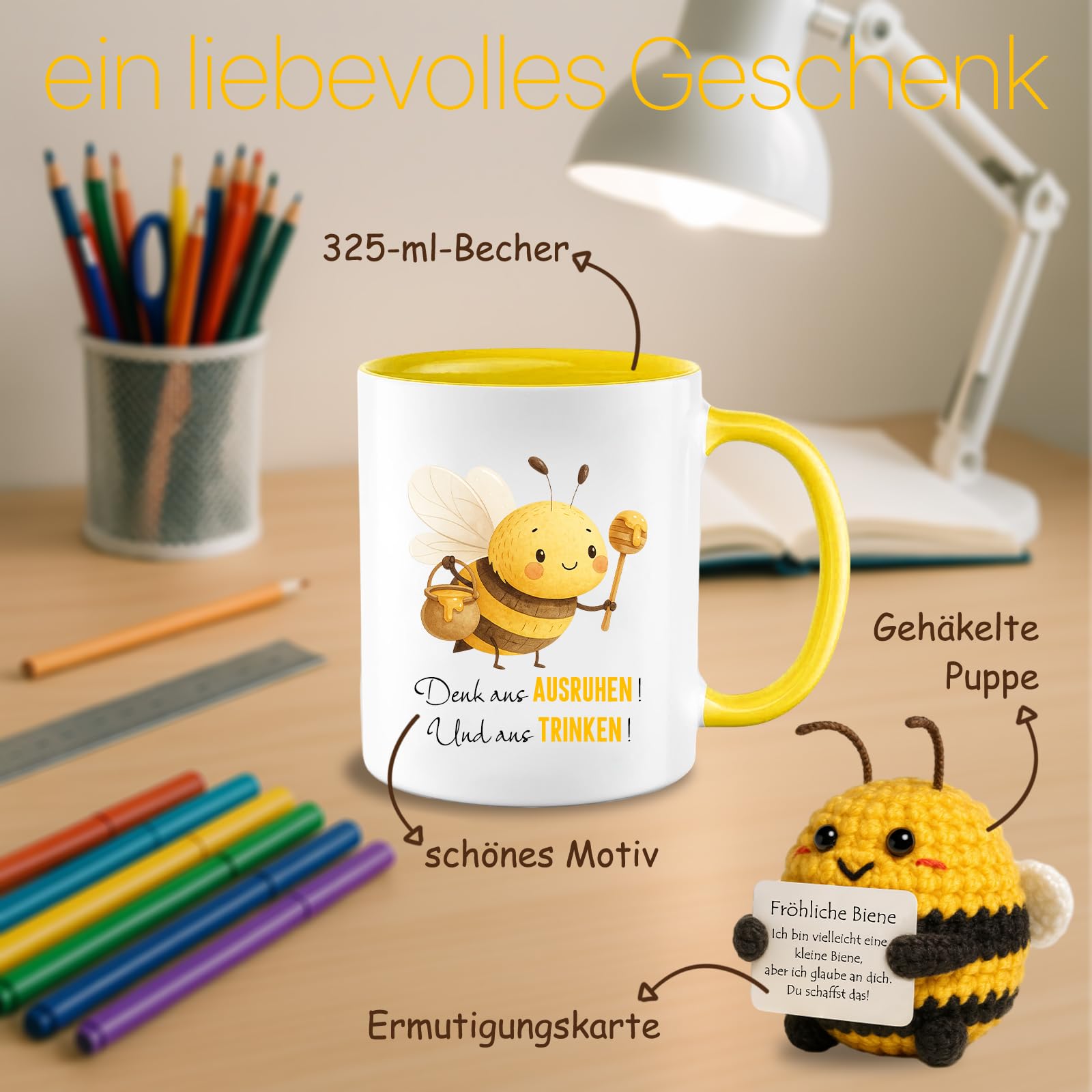 Geschenk für Frauen, Männer & Kinder, 325ml Tasse mit Strick-Deko Fröhliche Biene Glücksbringer, Geburtstag, Weihnachten, Gute Besserung, Prüfungsgeschenk, Abschiedsgeschenk