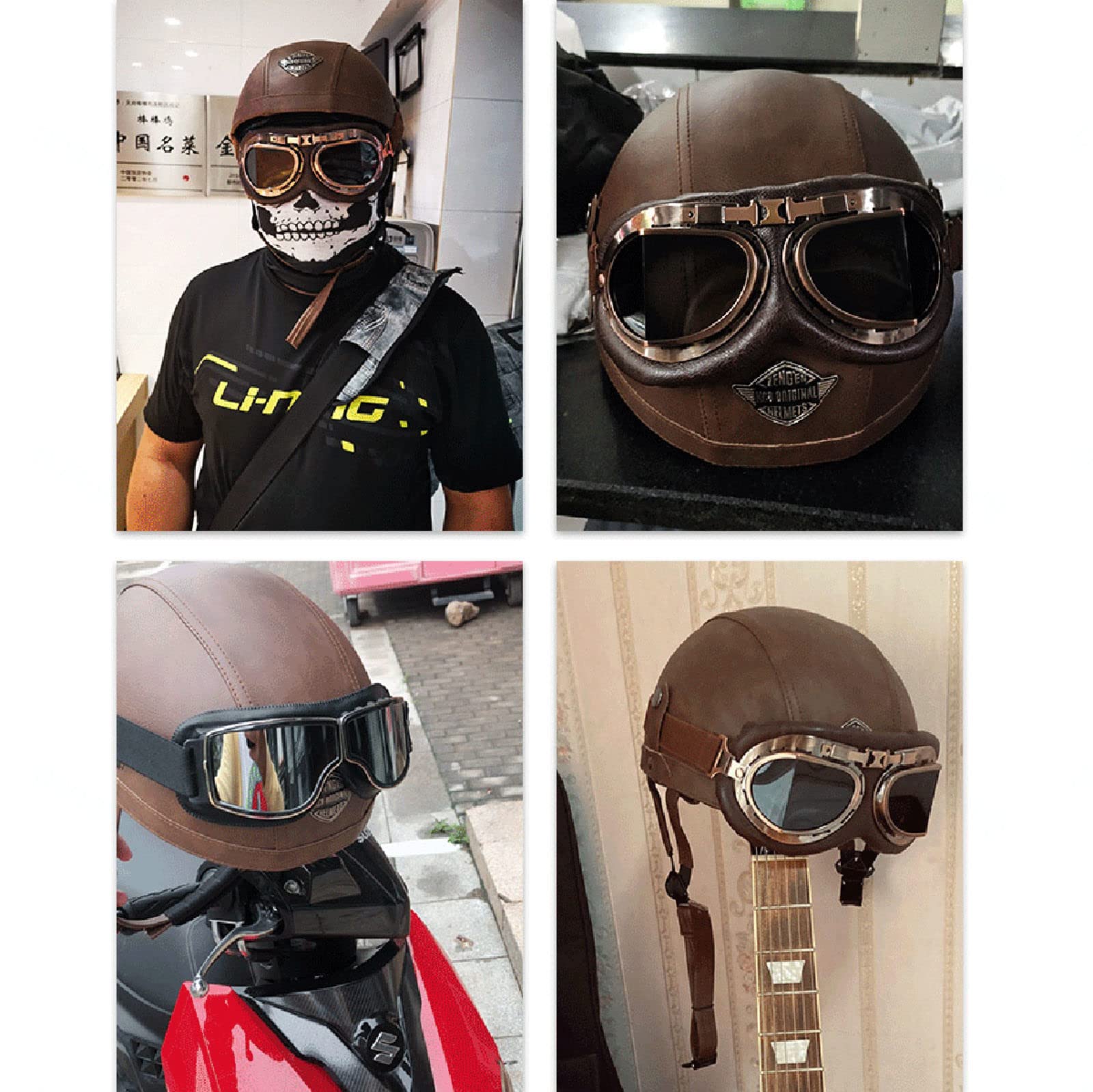 EBAYIN Casque Bol Homologué ECE Casque De Moto Demi-Coque Casque De Jet Vintage Casque De Cyclomoteur en Cuir VisièRe IntéGréE, Casque De Scooter Cruiser Chopper,E-L=（59~60CM）