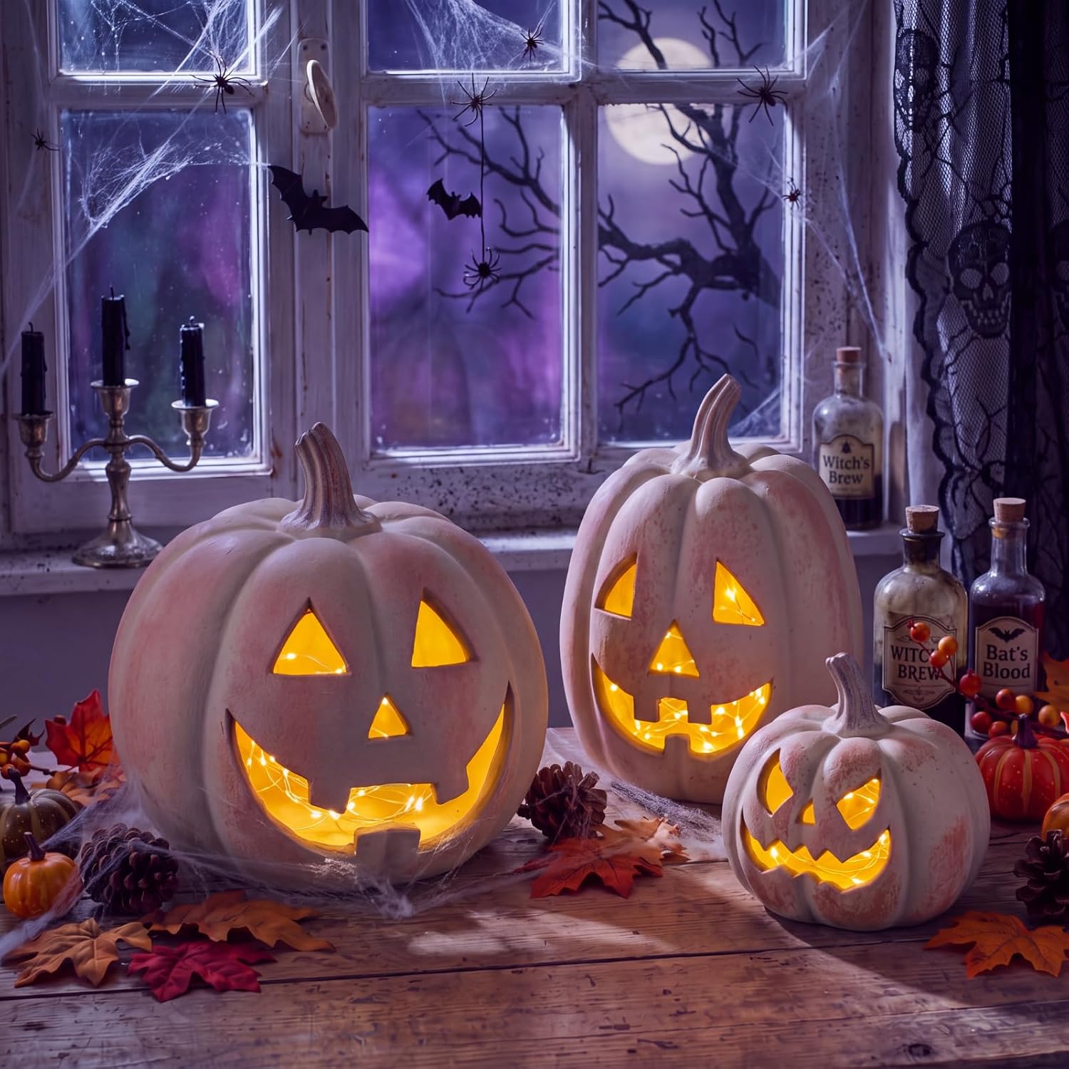 Fuutreo 3 Pcs Resin Halloween Pumpkin Decor Jack O' Lantern Outdoor Decor