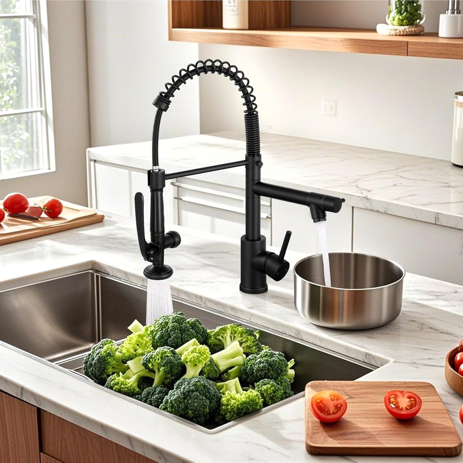 Commercial Kitchen Faucets with Pull Down Sprayer, Matte Black Sink Faucet with Deck Plate, Stainless Steel Single Handle Spring Sprayer for Kitchen
