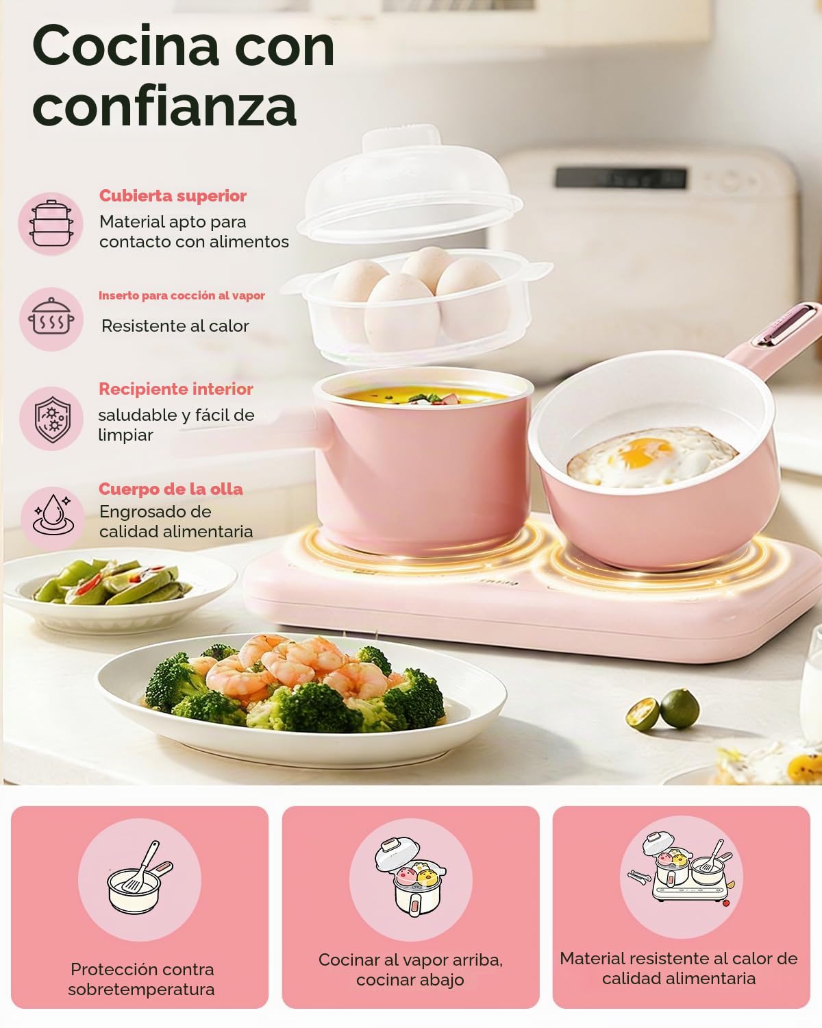 BICRET Juego de Cocina Eléctrica para Niños con Doble Fuego, Accesorios Completos, Incluye Utensilios de Cocina y Cuchillo de Chef Seguro, para Niños de 8 a 12 Años (Rosa)