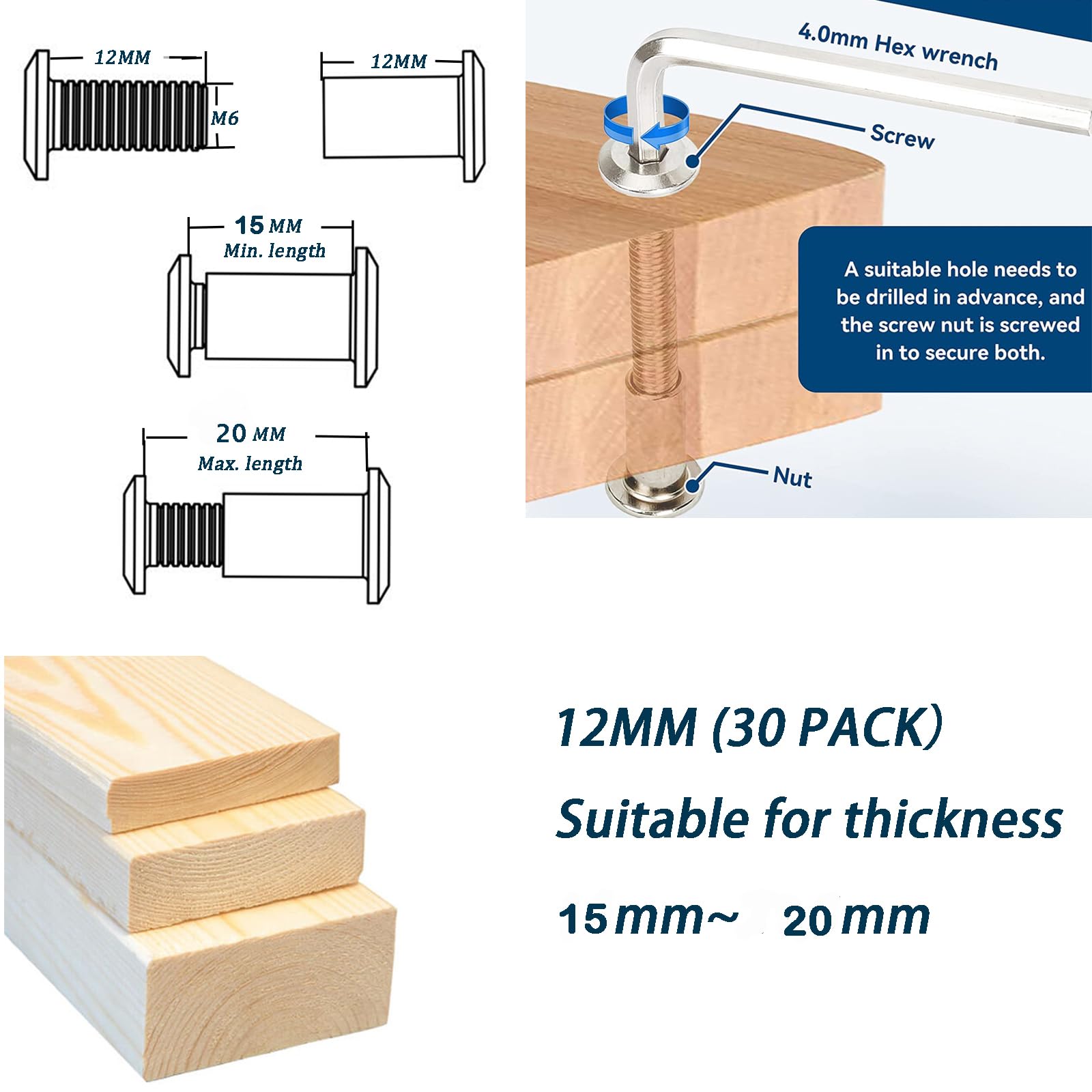 10pc M6 Furniture Connecting Screws BoltsSleeves(10x Furniture Screws,10x Sleeve Screws), M6x15 Cabinet Connector Furniture Screw Bolts, Cupboard Joining Fixing Bolt Screw For Kitchen Cabinet Carcase - View #7