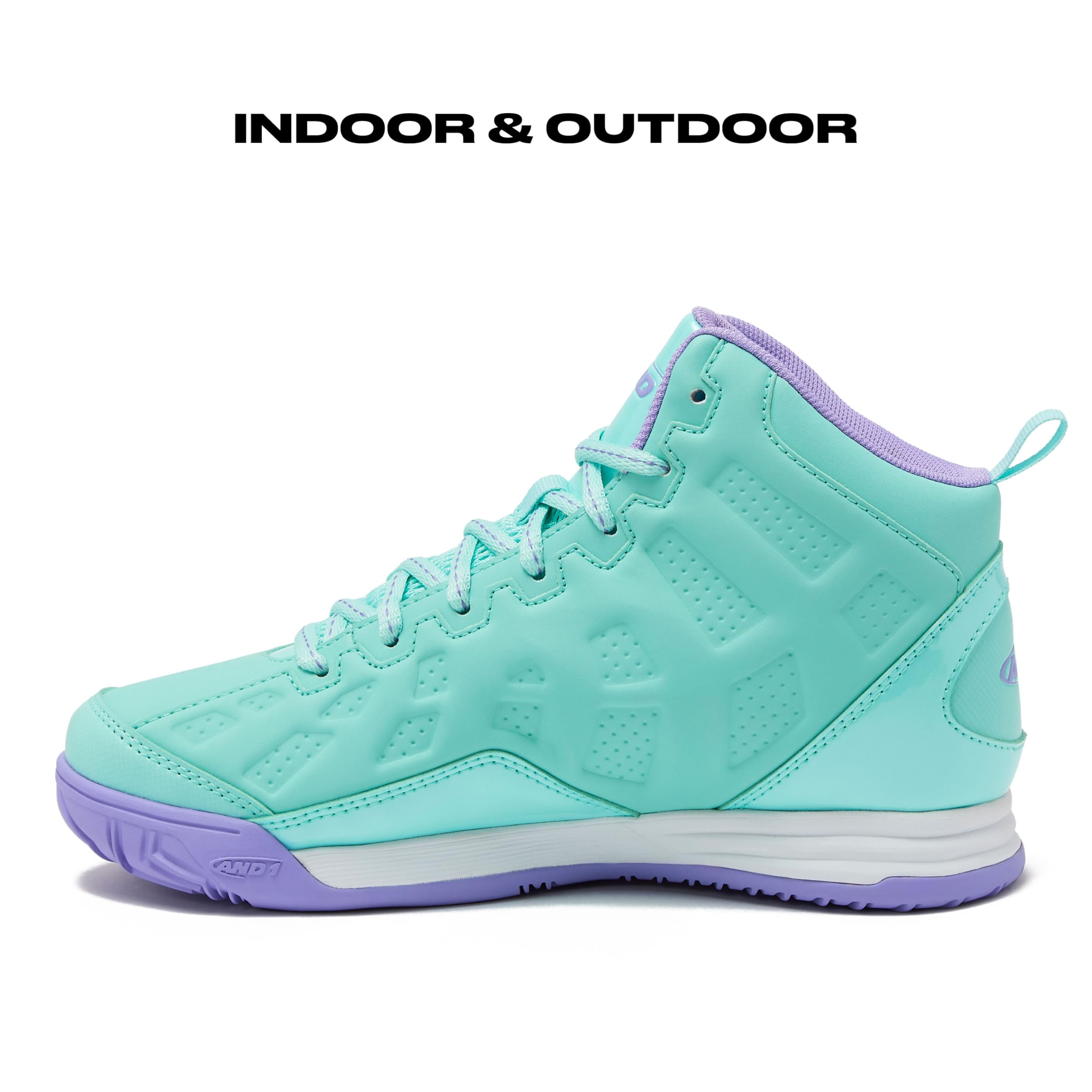 AND1 Showout Girls & Boys Basketball Shoes Kids, Boys High Top Sneakers - Aqua Blue/Lavender, 4 Big Kid