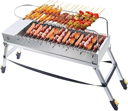Electric Charcoal Grill, 1A 10RPM Folding USB Automatic Rotating Grill, 27 x 9.5 x 4.7 In Outdoor BBQ Household Rotary Barbecue Machine with 20 Barbecue Skewers, 5 Fork