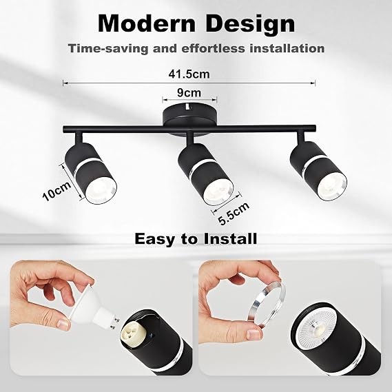 OKELI Modern Black Kitchen Lights Ceiling, 3 Way Industrial Spotlights Ceiling Lights with Rotatable GU10 Socket Adjustable Light Fitting Ceiling for Kitchen Bedroom Living Room, Bulb Not Included [Energy Class F]