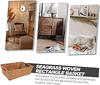 Vista 5 de Angoily Cesta de almacenamiento tejida a mano de hierba marina, organizador rectangular para escritorio, cesta portátil de hierba marina, asa
