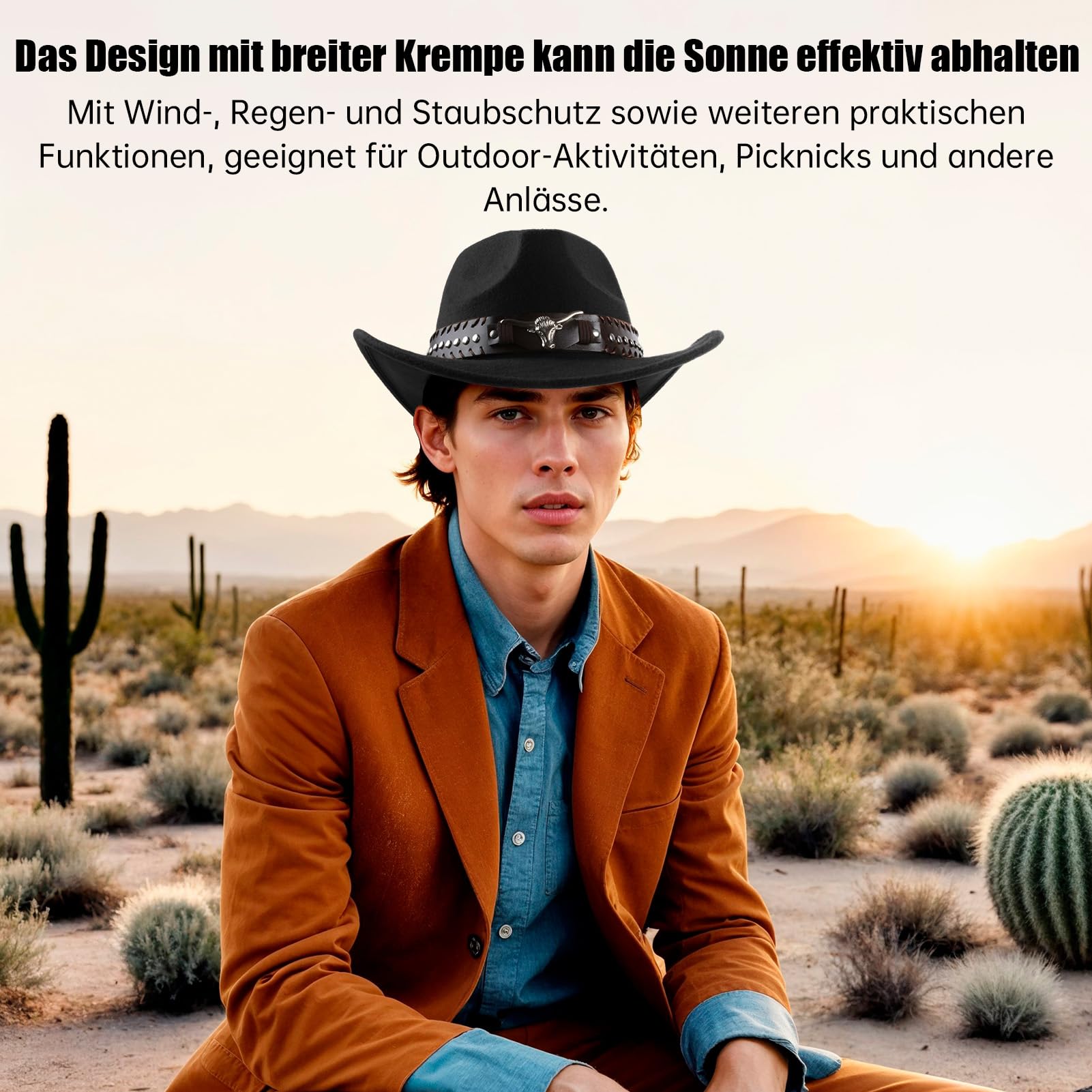 Lot de 2 chapeaux de cowboy occidental avec accessoires uniques tête de taureau - Bord vieilli - Chapeau de protection solaire d'extérieur en laine - Multifonctionnel - Unisexe - Avec sangle en cuir
