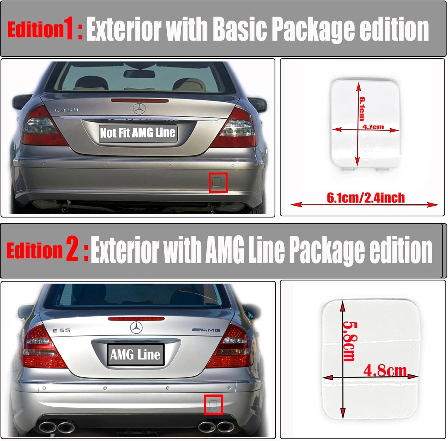 Rear Tow Cover for 03-09 Mercedes-Benz E-Class W211 AMG Line Fit E200 E220 E240 E280 E320 E420 E430 E500 E550 E55 E63 2003 2004 2005 2006 2007 2008 2009 Bumper Hook Eye Cap Primer