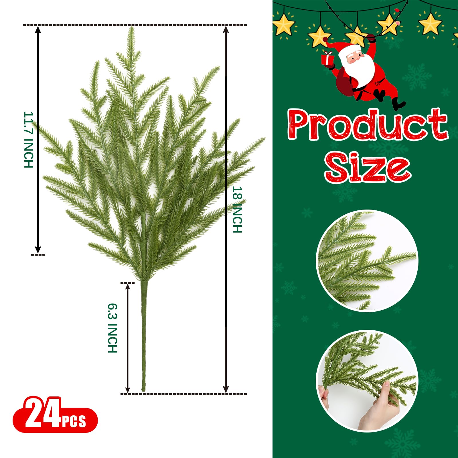 joyhalo Norfolk Tannenstiele, 45,7 cm, künstliche Tannenzweige aus künstlichem Grün, fühlen sich echt an, Zedernstiele für Vasen, Weihnachtsbäume und Outdoor-Heimdekoration, 24 Stück