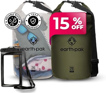 Earth Pak Waterproof Dry Bag - Roll Top Waterproof Backpack Sack 20L Clear & 20L Green
