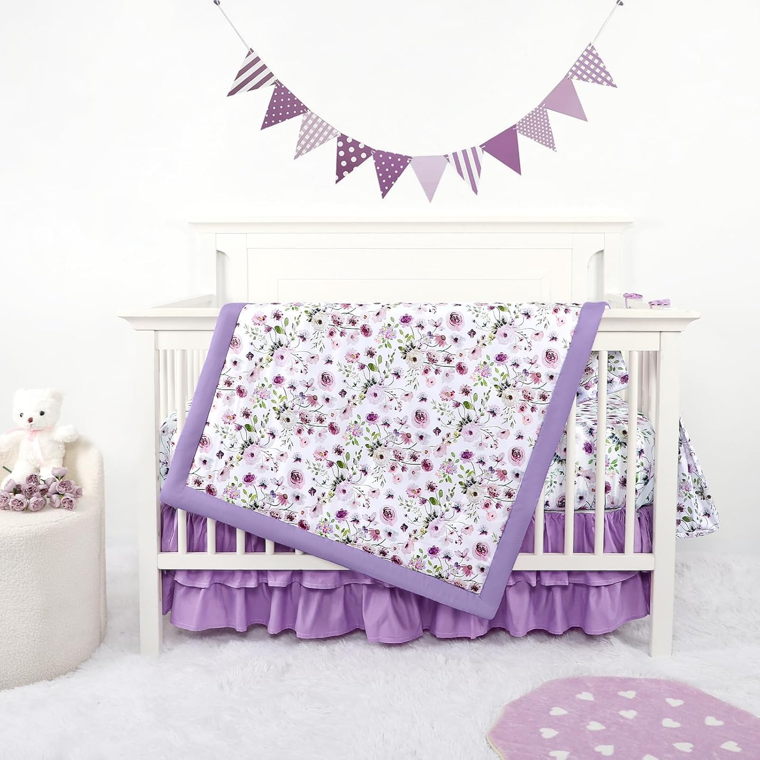 GFU Crib Bedding Set for Girls 4-Piece, Bow Baby Girl Crib Bedding Set Purple Flowes, Nursery Sets Includes Comforter, Fitted Crib Sheet, Crib Skirt, and Diaper Stacker