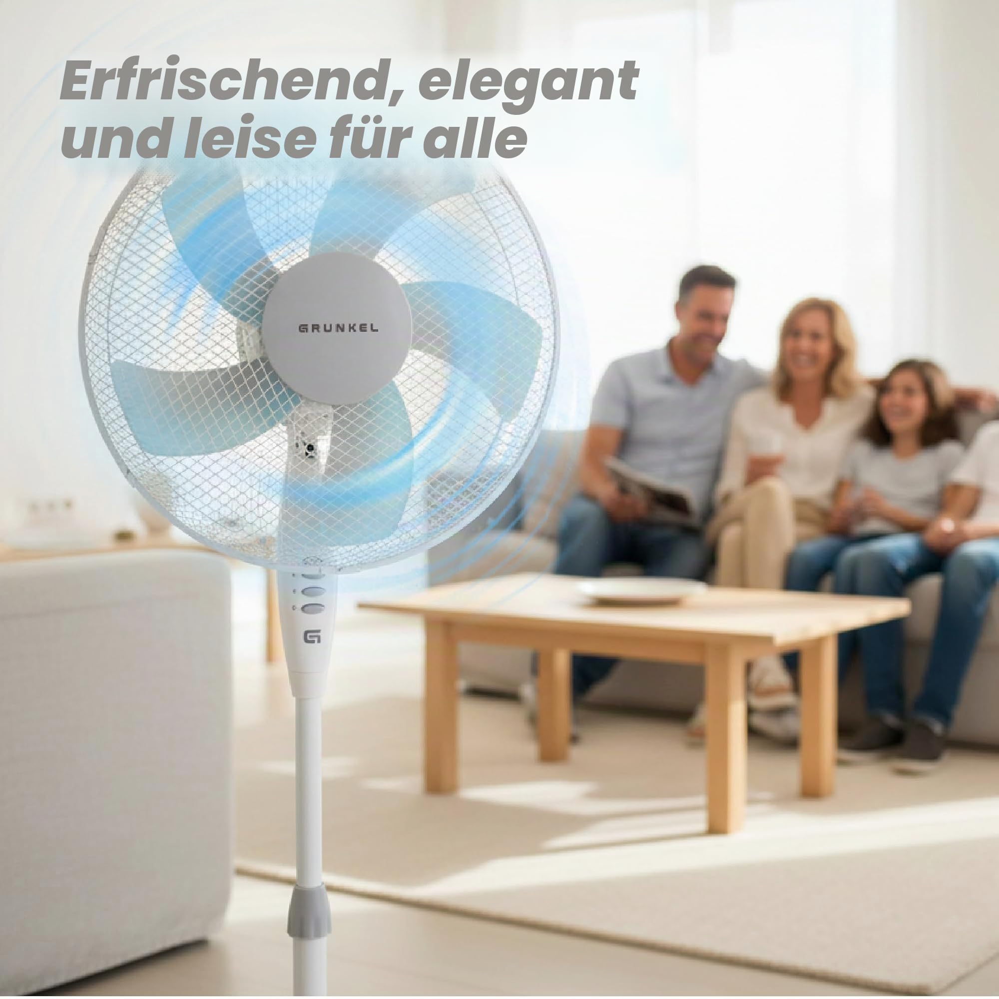Grunkel - 16" Standventilator mit 3 Geschwindigkeitsstufen und Höhenverstellung - FAN-G165X - Blattfuß mit 62 cm Durchmesser und 3 halbtransparenten Flügeln - 50 W - Weiß
