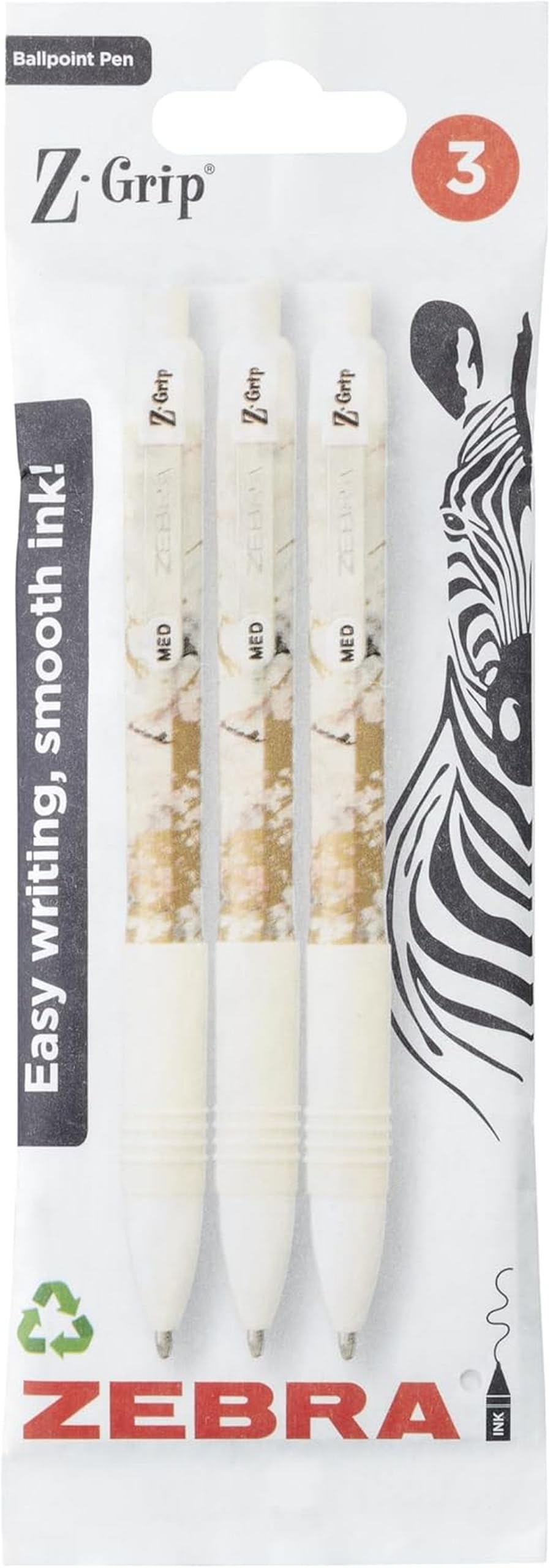 ZEBRA Pen Z-GRIP Smooth Glam Black Ink Ballpoint Pens 3pk 1.0mm Medium Point Retractable Ink Pens with Clip - Smooth Writing Pens with Low Viscosity Ink, Comfort Grip - 3 Pens Multipack (White Marble)