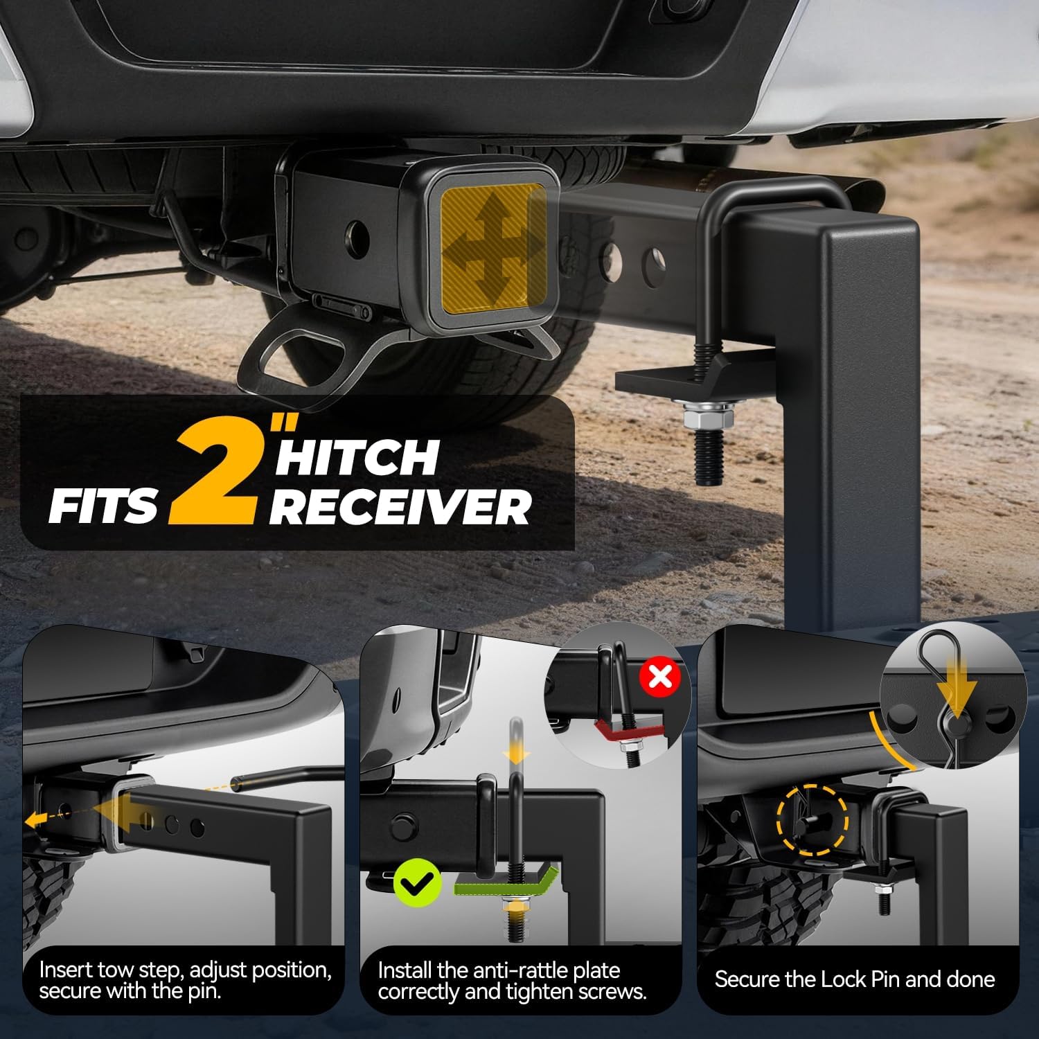 Auto Dynasty 2" Lowered Rectangular Hitch Step Bar Board for 2" Tow Hitch Receiver, Adjustable Non Slip Rear Bumper Guard & Bed Access Step with Anti-Rattle Plate, 350Lbs Load Capacity, Matte Black