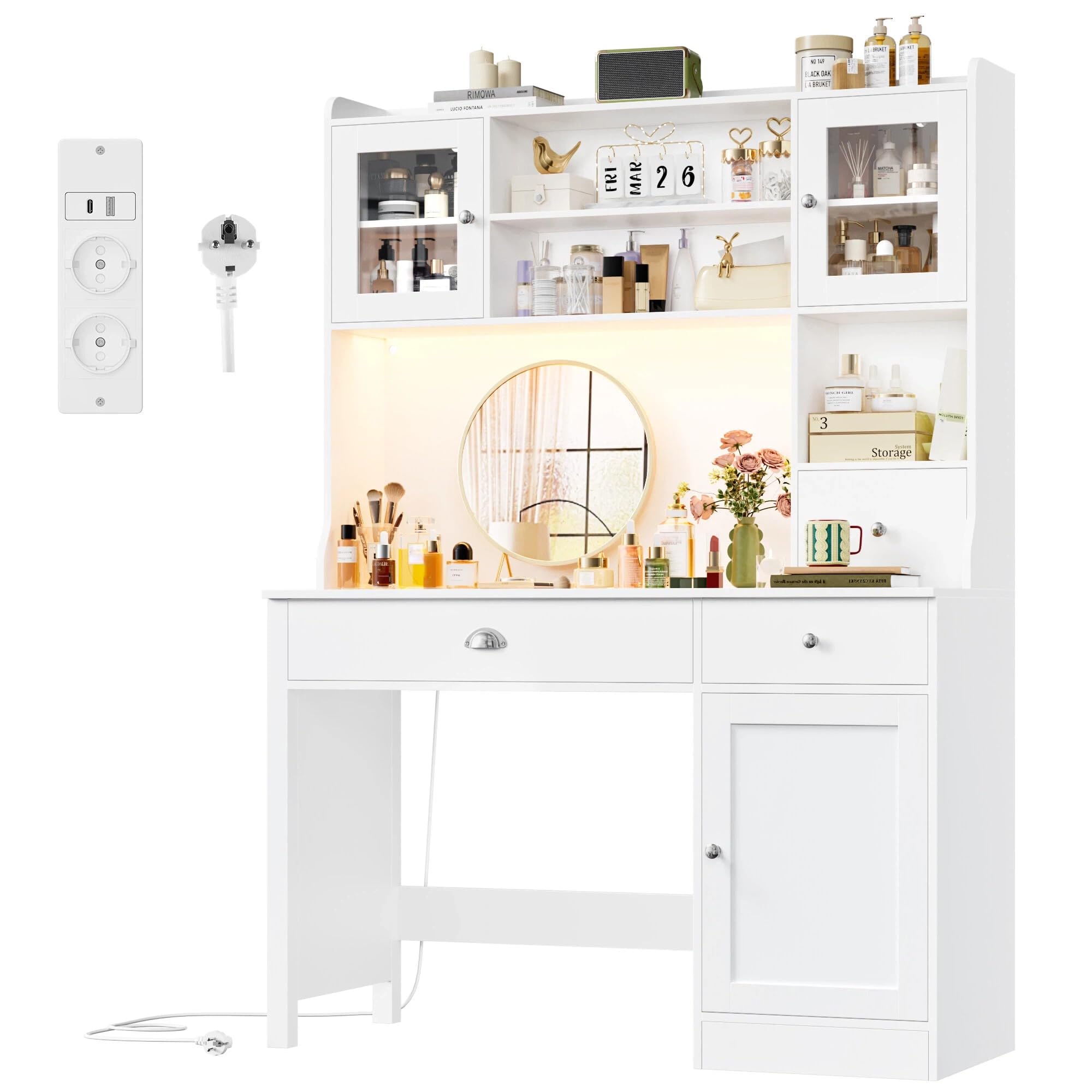 FirFurd Scrivania con Cassetti,Scrivania con 2 Prese e 2 USB 120x48x165cm | Scrivania Gaming a Luci LED Multicolori,Toeletta da Trucco a Cassettiera e 3 Ante,Ripiani Regolabili,per Casa Ufficio,Bianco