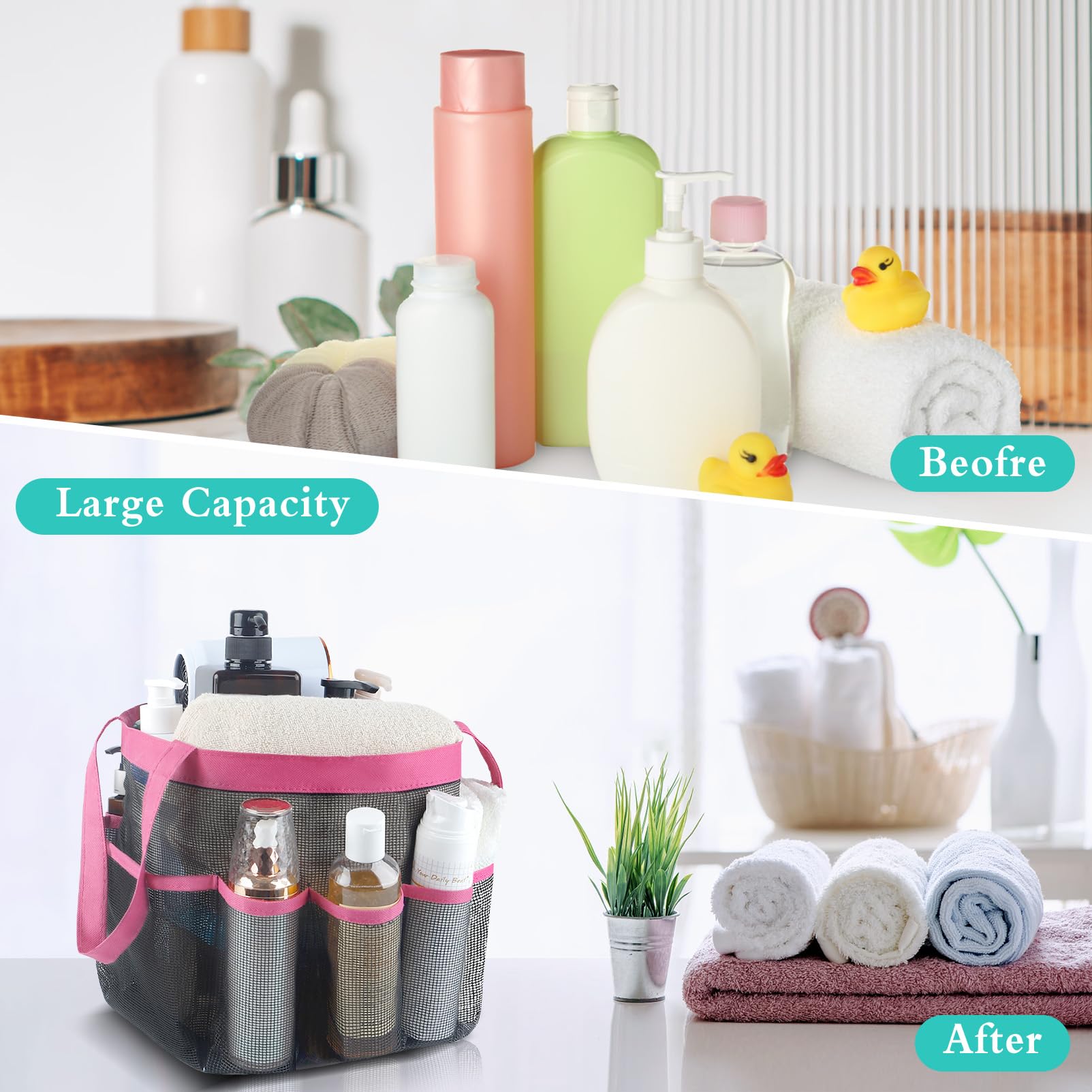 Attmu Paquete de 2 bolsas de malla portátil para ducha con 8 bolsillos de almacenamiento de malla, bolsa de ducha impermeable de secado rápido Oxford