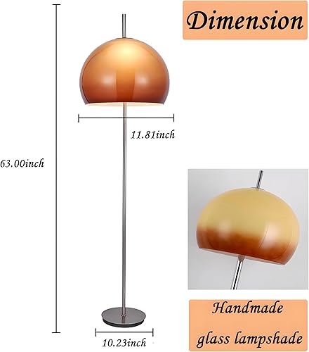 Miniatura 8 de -Lámpara de pie naranja moderna de mediados de siglo, lámpara de pie alta de hongo con pantalla de cristal de cúpula naranja degradado, lámpara alta