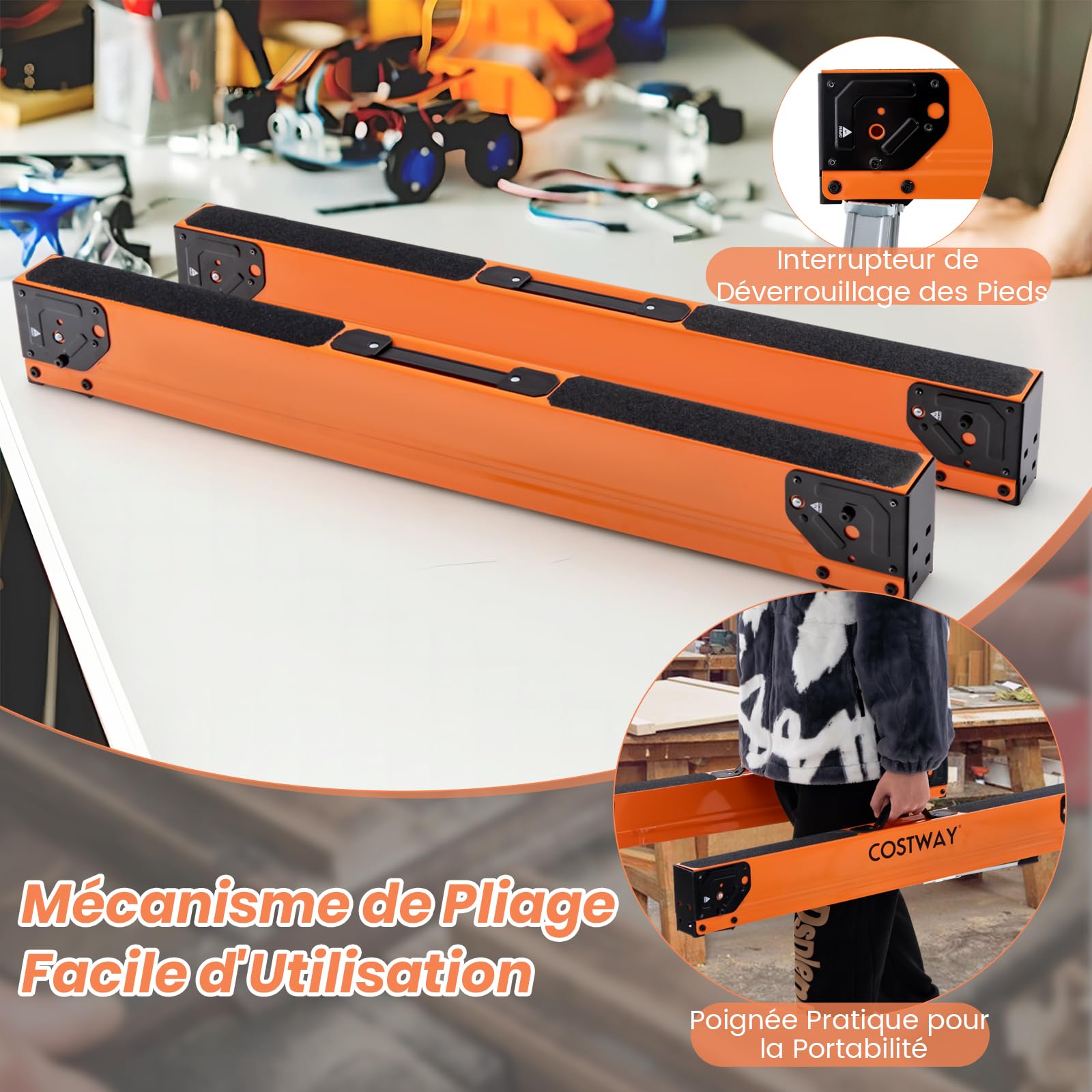 GOLUS Lot de 2 Chevalets de Sciage Pliables, 2 Tréteaux de Scie avec Patins Antidérapants, Structure Triangulaire, Charge Capacité 500 KG, pour Découpe, Sciage, Bricolage(Orange+Argent)