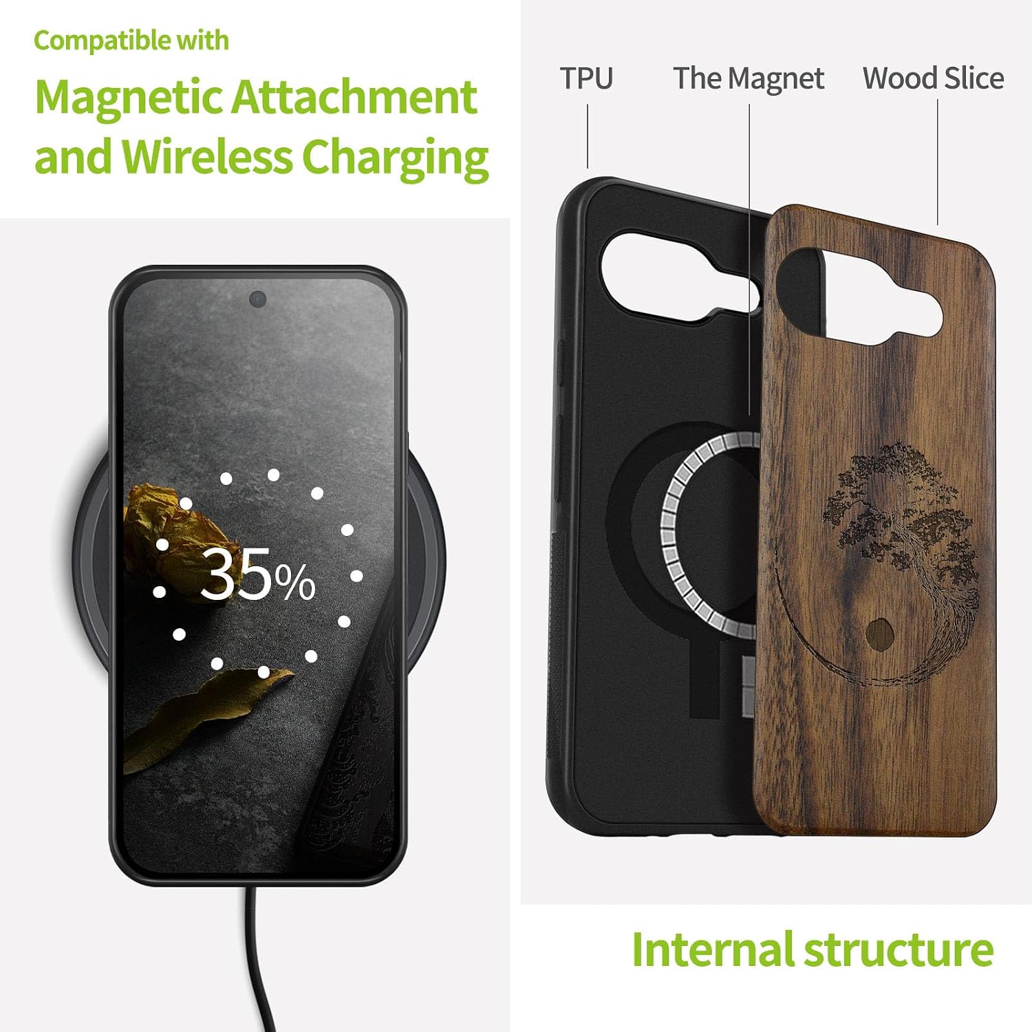 Carveit Magnetic Wooden Case for Google Pixel 9a Case, Wood Artisan Engraved & Soft TPU Shockproof Cover, Compatible with MagSafe Wireless Chargers (Yin Yang Tree) Walnut