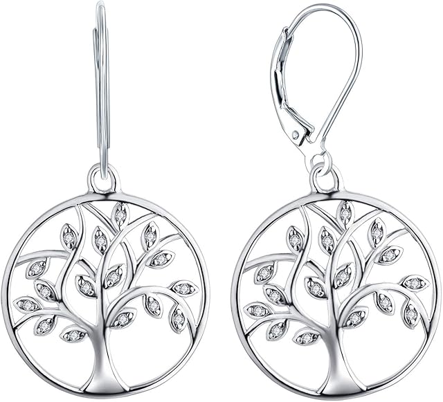 YL Tree of Life Earrings 925 Sterling Silver Simulated Emerald/Amethyst/Blue/White Cubic Zirconia Family Tree Dangle Earrings