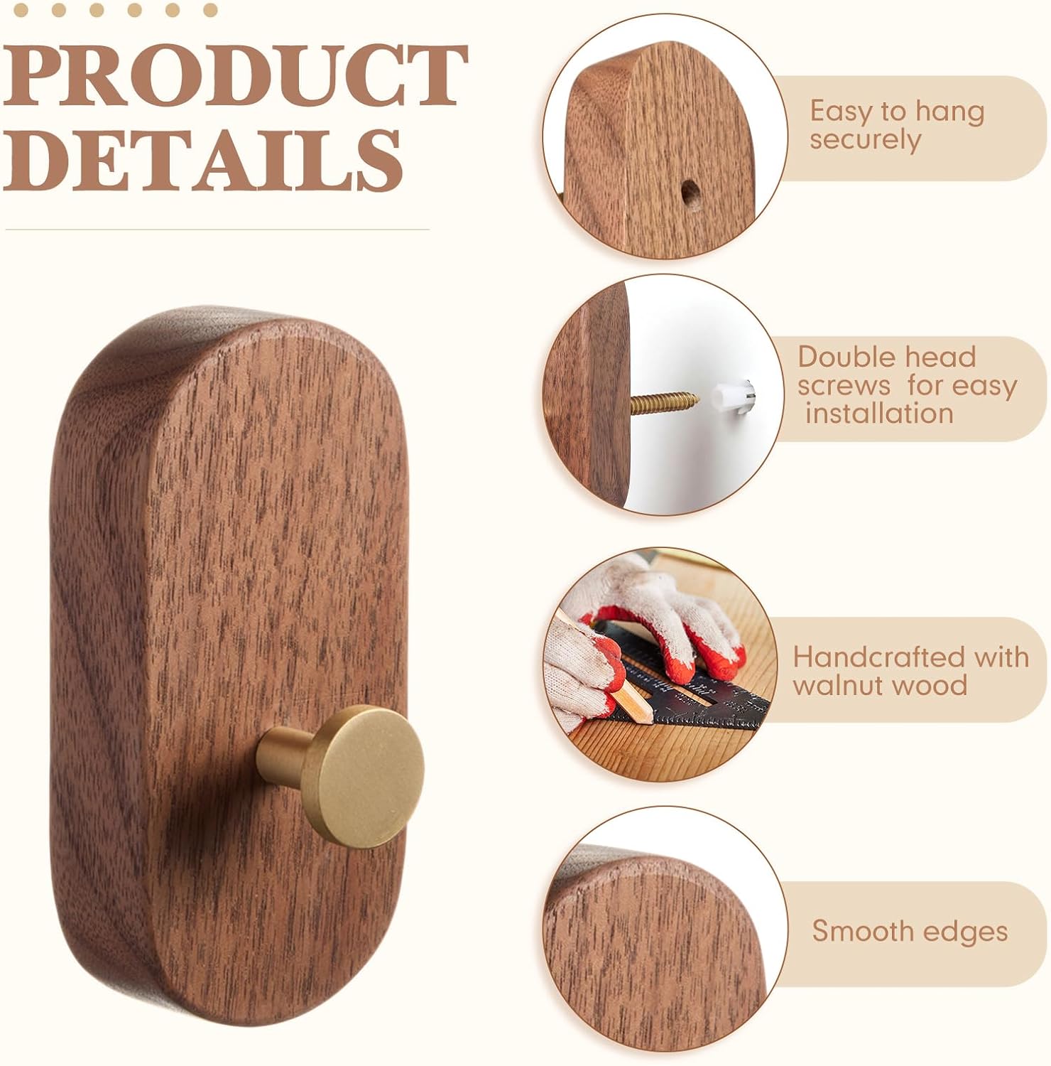 Novabright 6 Pack Wall Hooks Walnut Coat Hook with Bronze Stick on Bathroom Bedroom Kitchen Hotel for Hanging Hat Purse Backpack Bag Jacket Modern Farmhouse Decor for Wall and Practical Entryway