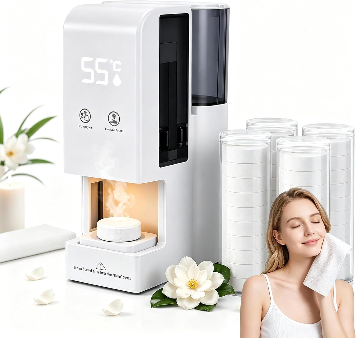 Hot Towel Dispenser Machine for Face, 5s Fast Heating Towel Warmer Heater, 131°F Constant Temp, 80 Compressed Towels, One-Touch Auto Dispense, Safety Lock and Quiet Pump for Home Spa and Skincare