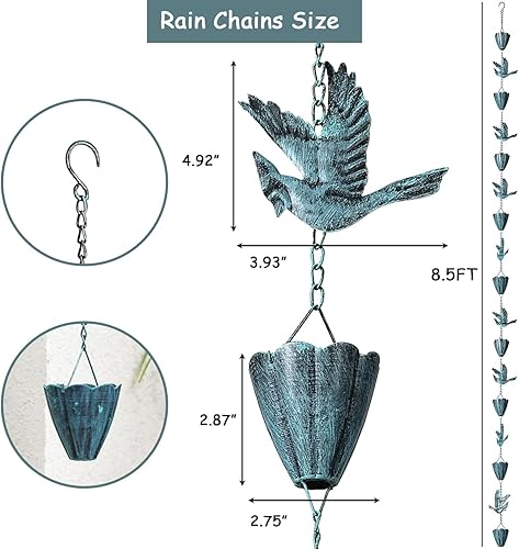 Miniatura 2 de Aifeorzo Cadena de lluvia de 8.5 pies, cadenas de lluvia cardenales y de copa para canaletas, cadena decorativa y funcional de atrapadordesviador de