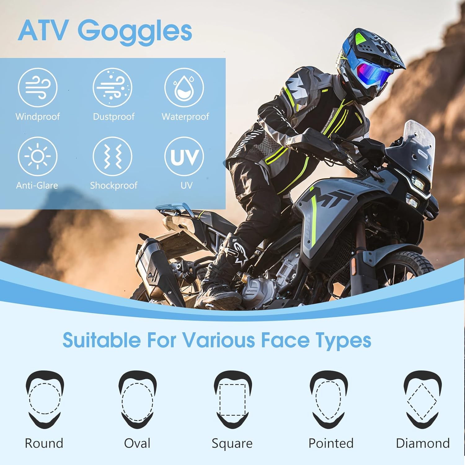 Motorcycle Goggles, Dirt Bike ATV Riding Off-Road Ski Goggles UV Anti-Fog Windproof Dustproof for Men & Women - Image 5